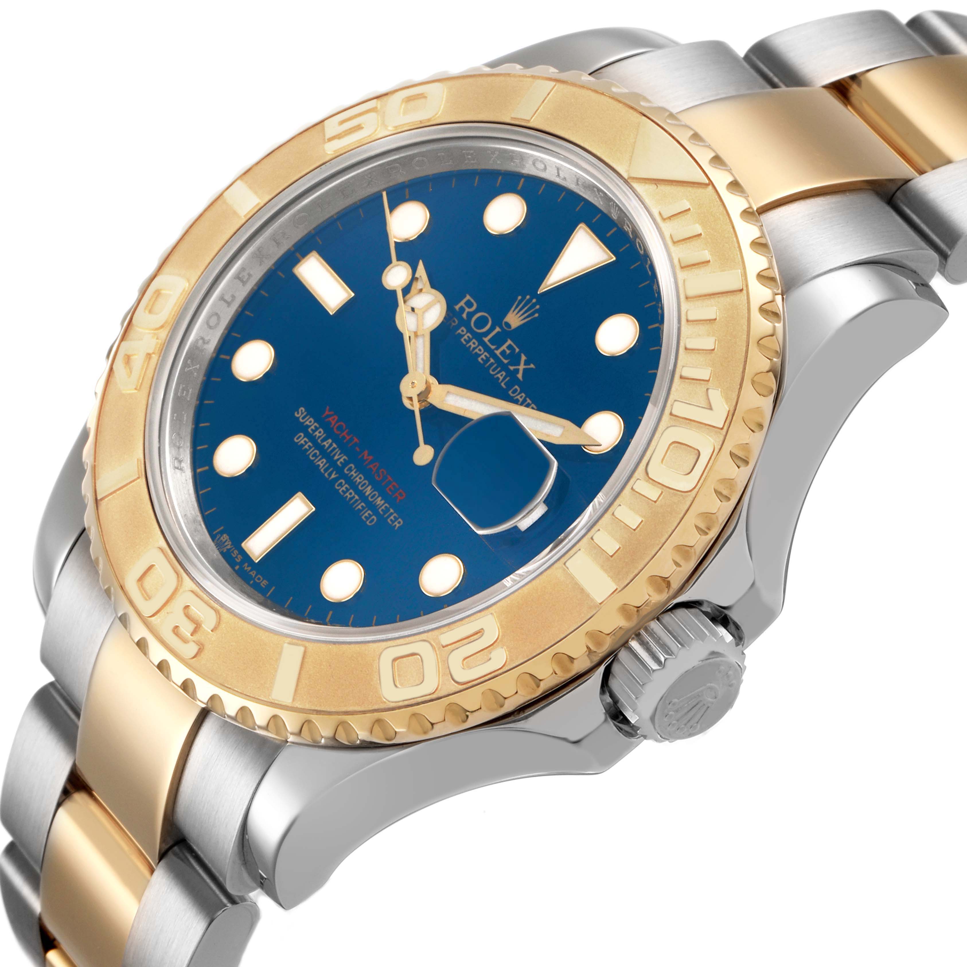 The Rolex Yacht-Master 16623 Men's Steel and Gold (two tone) Blue Dial watch is shown at a slight side angle, highlighting its bezel, dial, and part of the bracelet.