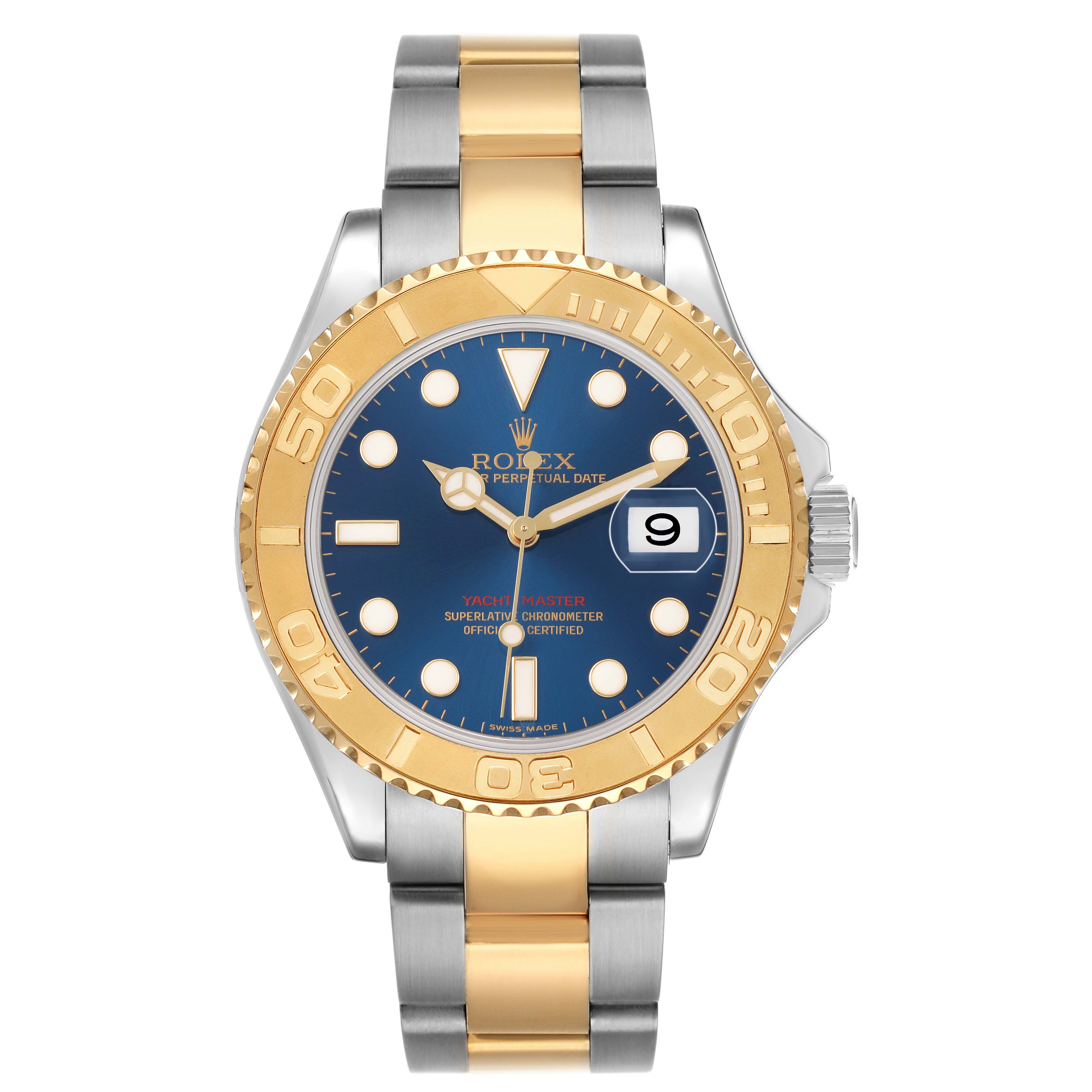 The Rolex Yacht-Master 16623 Men's Steel and Gold (two tone) Blue Dial watch is shown from the front, highlighting its dial, bezel, and bracelet.
