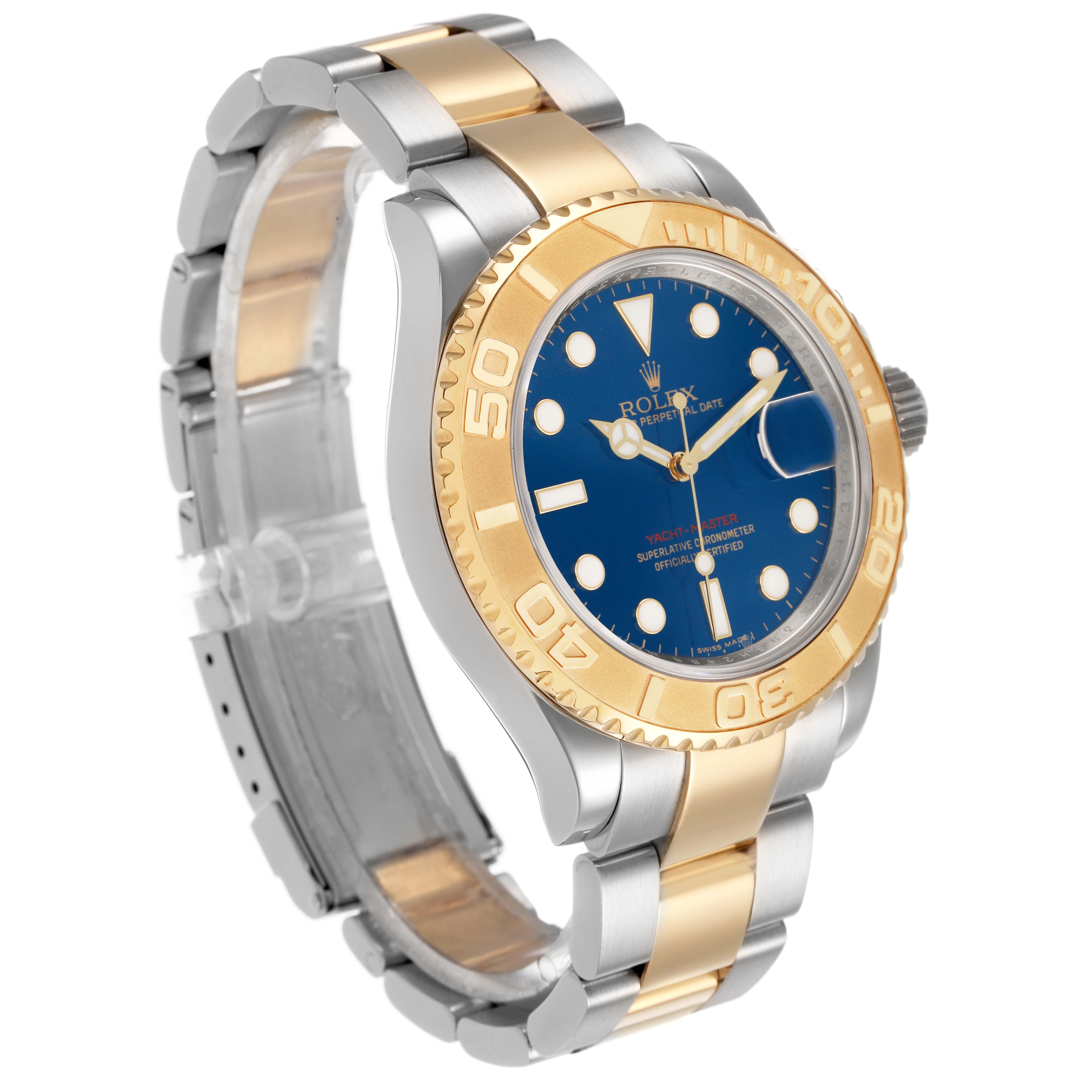 The Rolex Yacht-Master 16623 Men's Steel and Gold (two tone) Blue Dial watch is shown at a slight angle, highlighting the face, bezel, and bracelet.