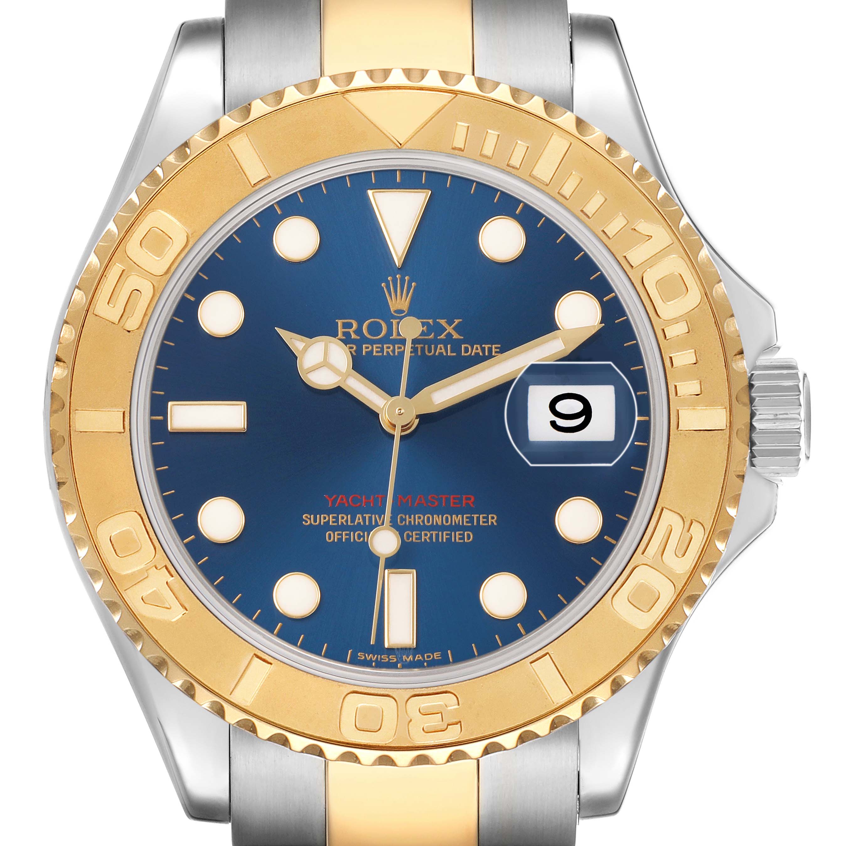 The Rolex Yacht-Master 16623 Men's Steel and Gold (two tone) Blue Dial watch is shown from the front, highlighting the bezel, dial, hands, and date window.