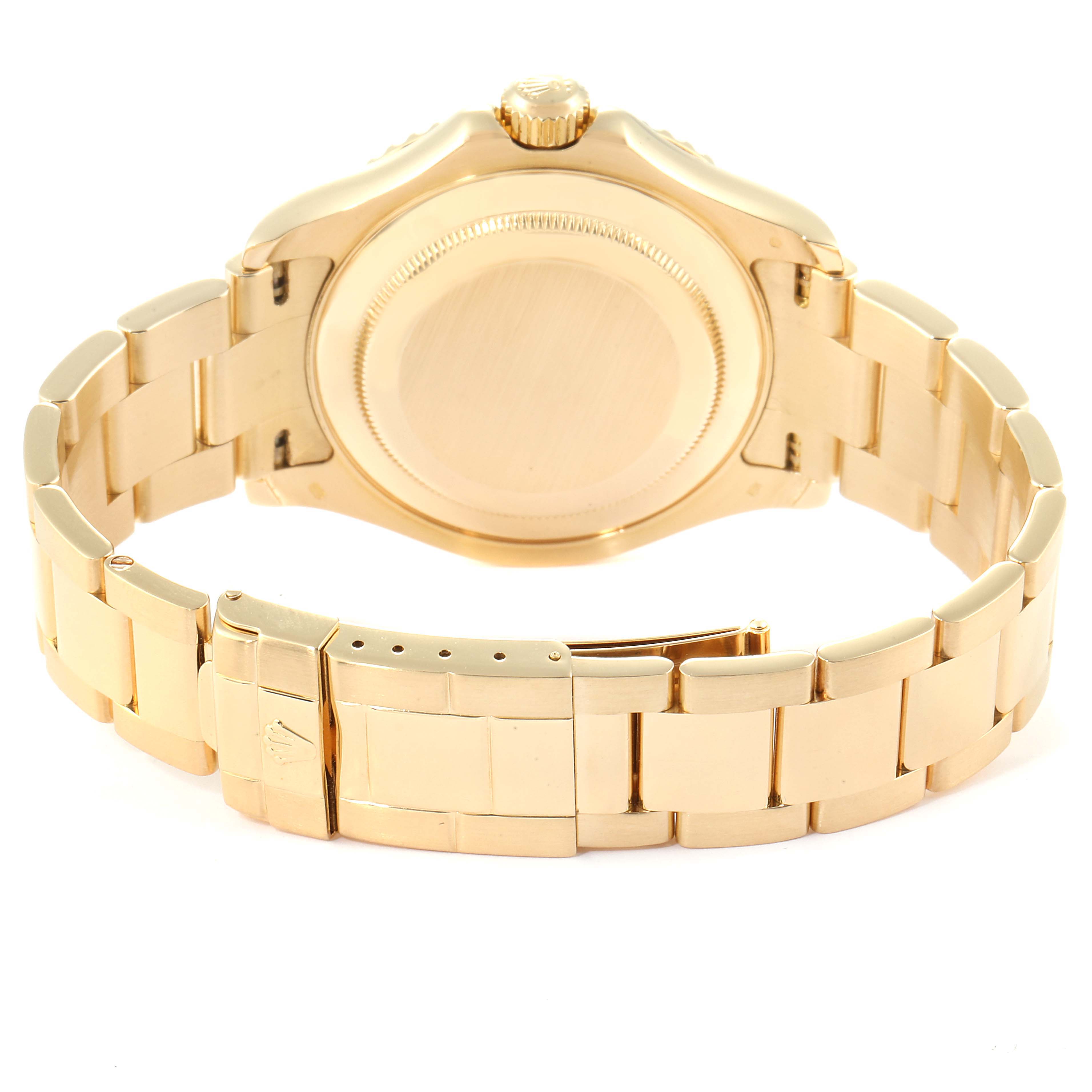 The image displays the back and bracelet of a Rolex Yacht-Master 16628 Men's Yellow Gold White Dial 16628 Men's Yellow Gold White Dial watch from a rear angle.