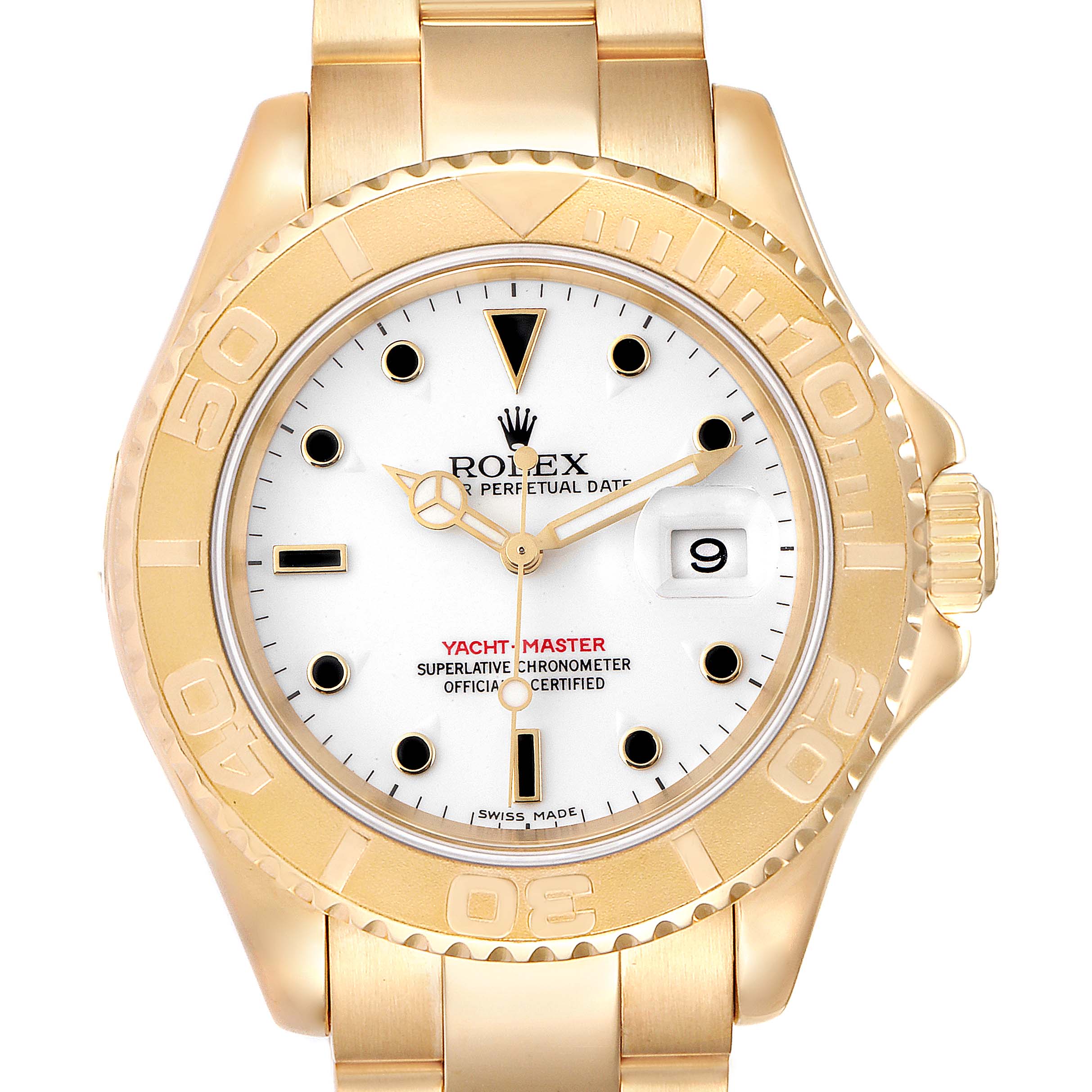 The image shows a front view of the Rolex Yacht-Master 16628 Men's Yellow Gold White Dial 16628 Men's Yellow Gold White Dial watch, displaying its gold bezel, white dial, and date window.