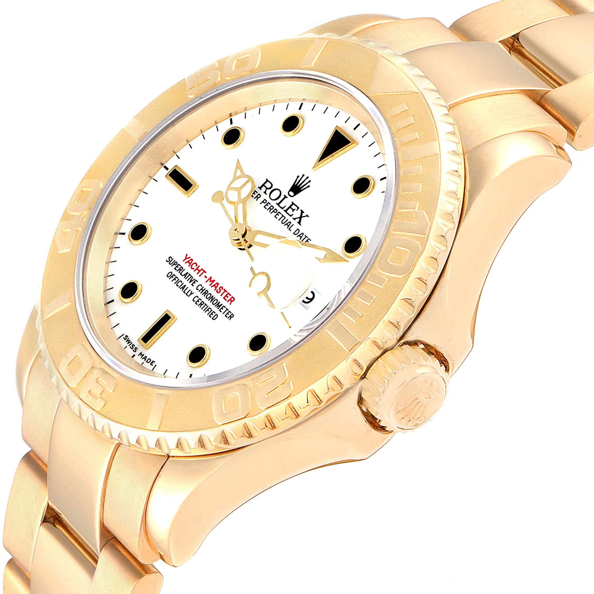 This image shows a side angle view of a Rolex Yacht-Master 16628 Men's Yellow Gold White Dial 16628 Men's Yellow Gold White Dial watch, displaying the dial, bezel, and crown.