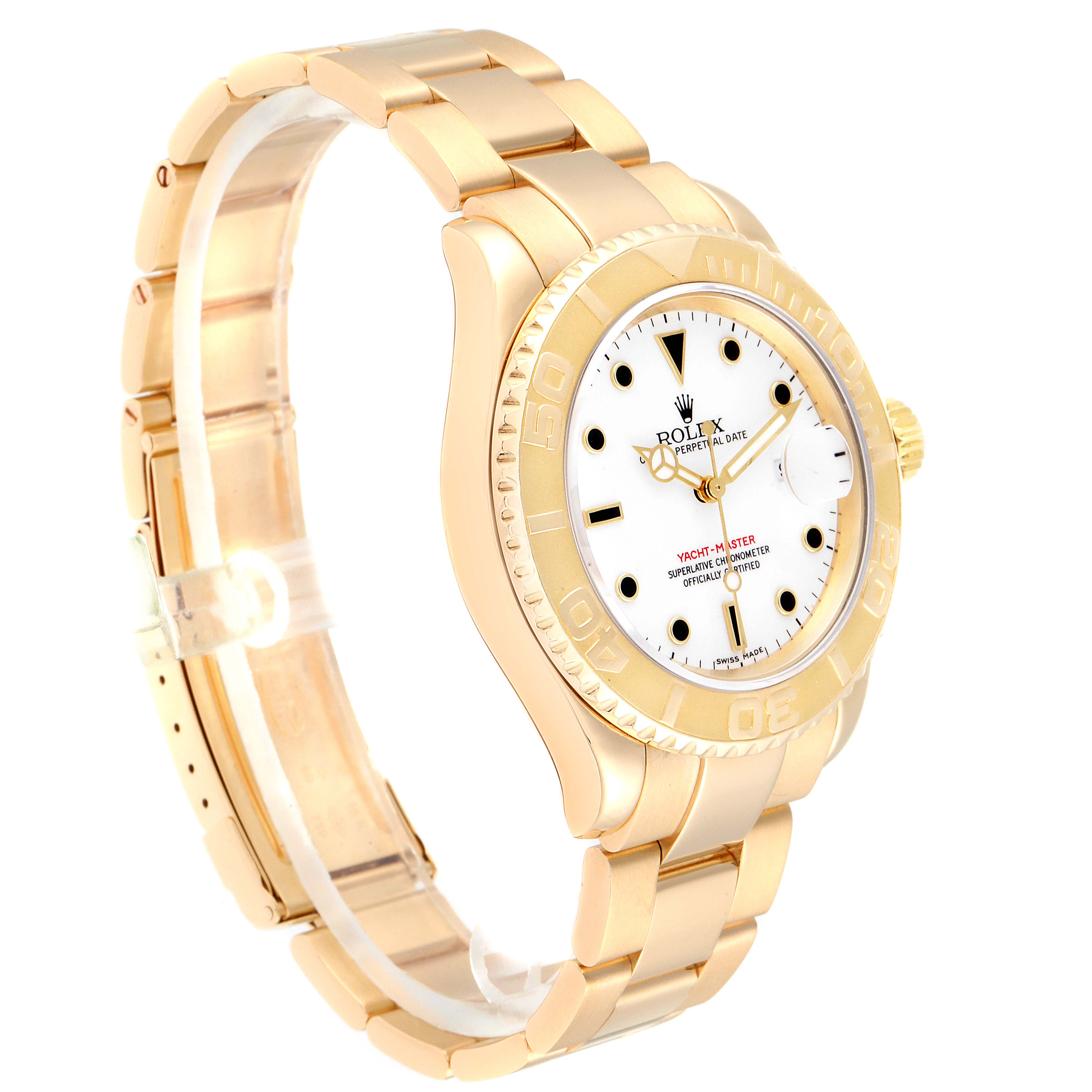The Rolex Yacht-Master 16628 Men's Yellow Gold White Dial 16628 Men's Yellow Gold White Dial watch is angled to show its left side, face, bezel, and part of the bracelet.