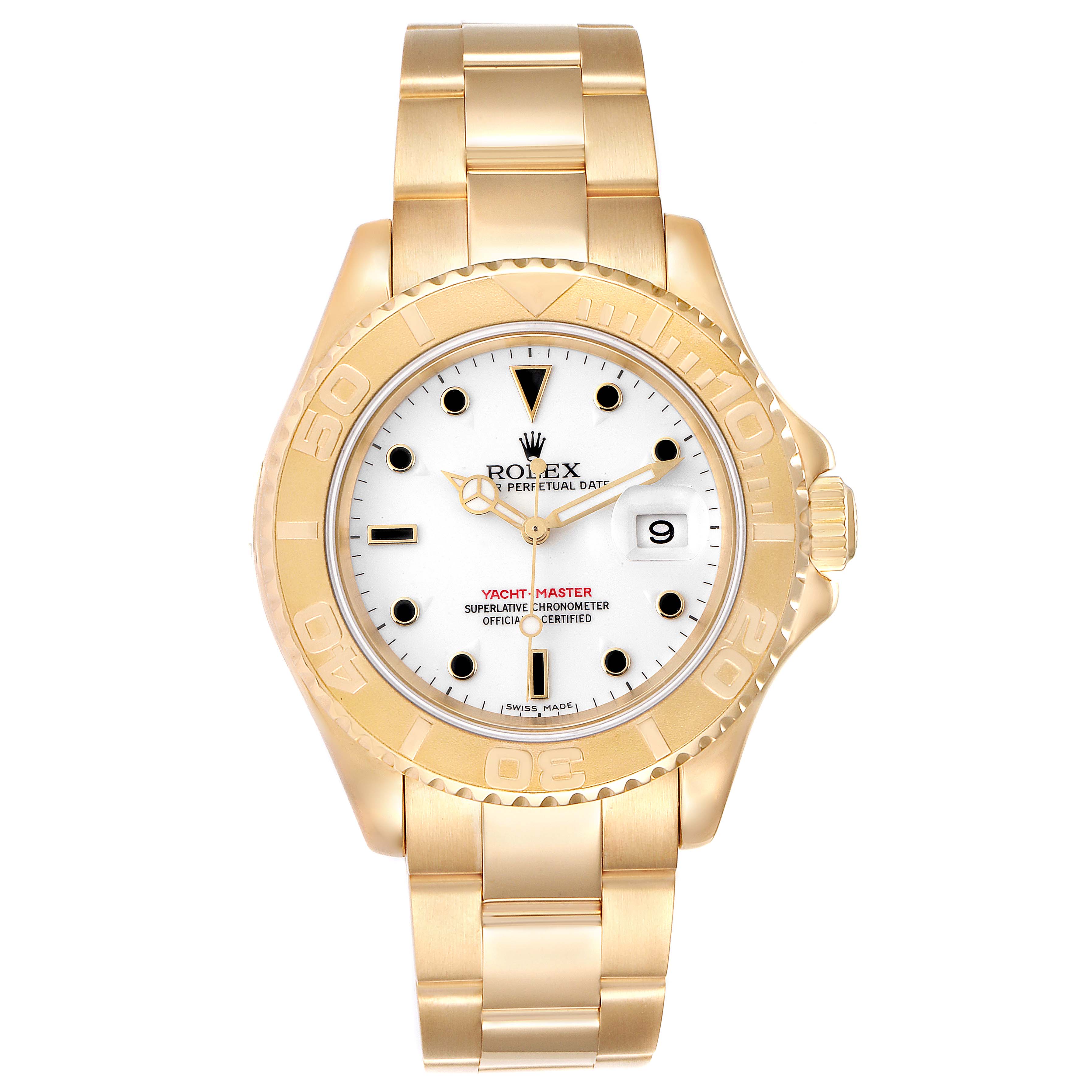 This image shows a front view of the Rolex Yacht-Master 16628 Men's Yellow Gold White Dial 16628 Men's Yellow Gold White Dial watch, highlighting its gold bezel, white dial, and bracelet.