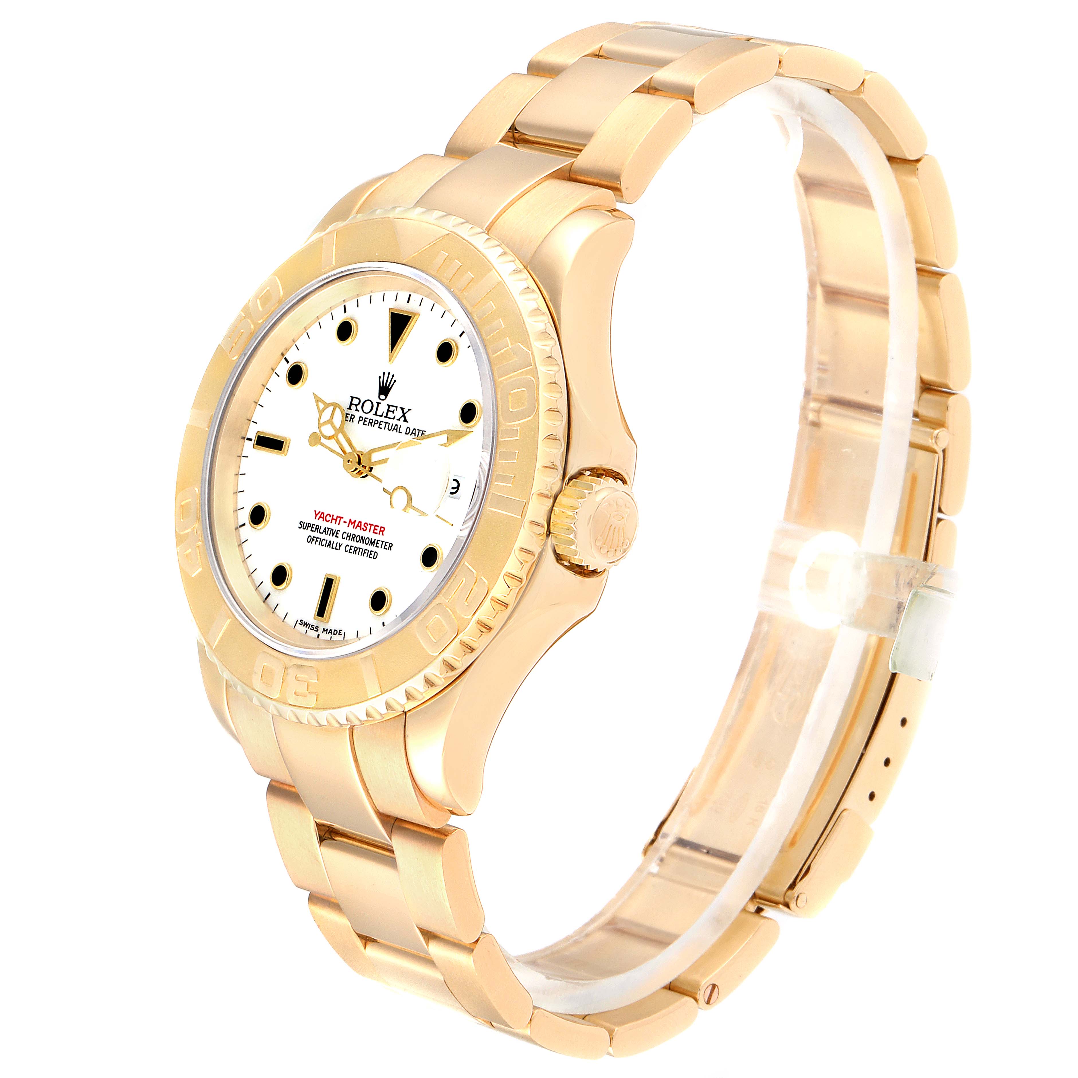 The image shows a side and front angle of a gold Rolex Yacht-Master 16628 Men's Yellow Gold White Dial 16628 Men's Yellow Gold White Dial watch with a white dial and bracelet.