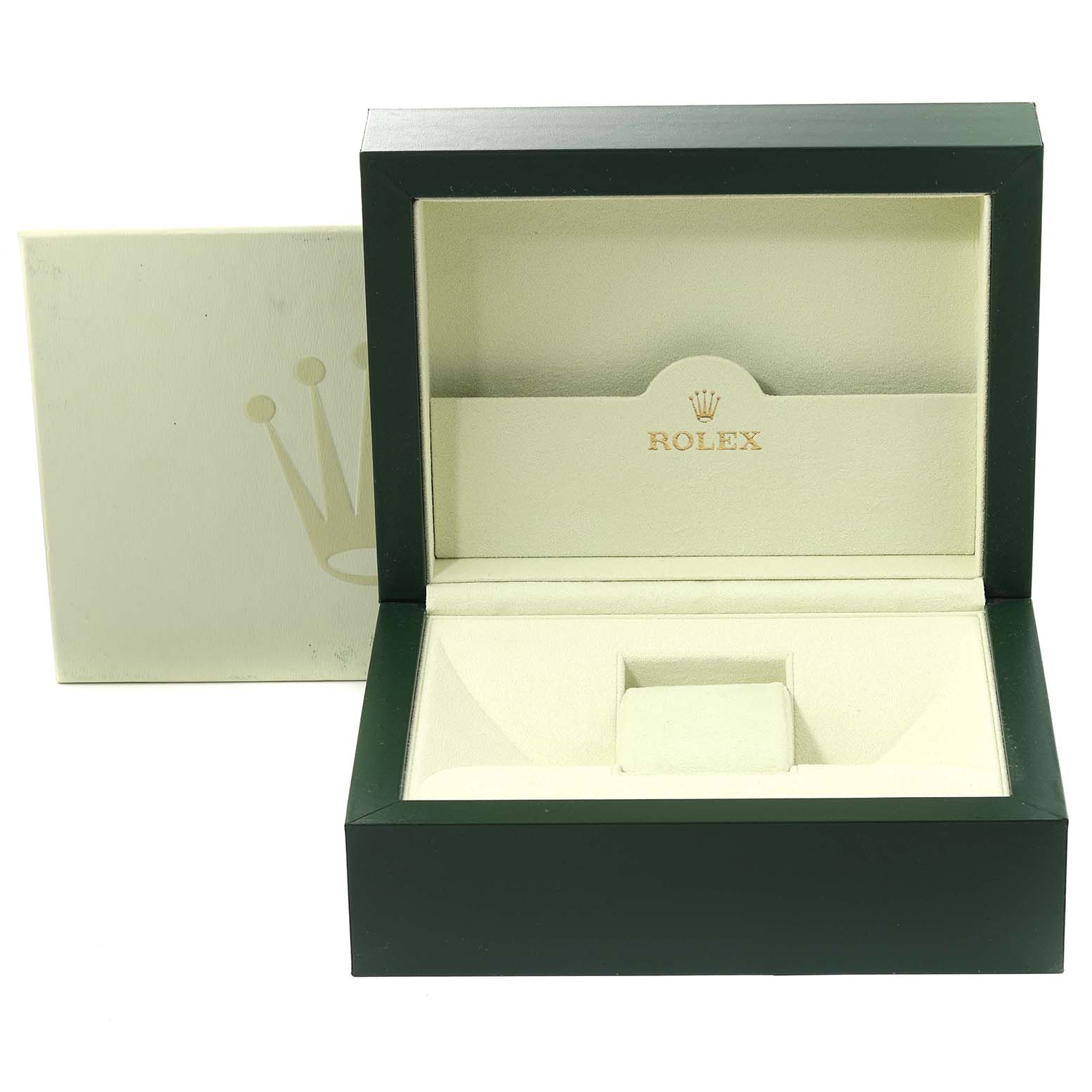 This is an open Rolex Yacht-Master 116688 Men's Yellow Gold White Dial 116688 Men's Yellow Gold White Dial watch box, featuring the inner velvet cushion and outer box with the Rolex logo.