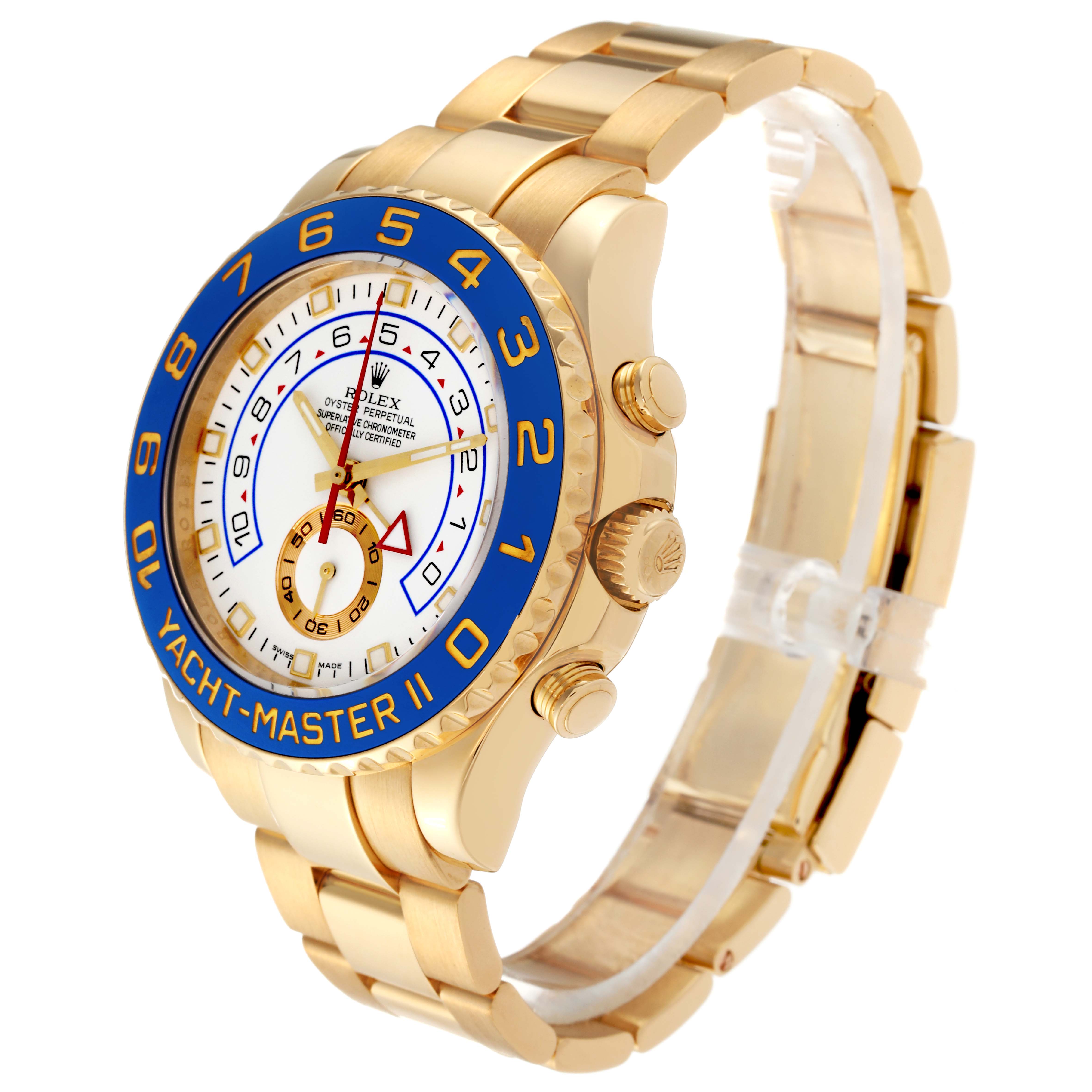The image shows the Rolex Yacht-Master 116688 Men's Yellow Gold White Dial 116688 Men's Yellow Gold White Dial II watch from a front angle, showcasing the dial, bezel, crown, and bracelet.