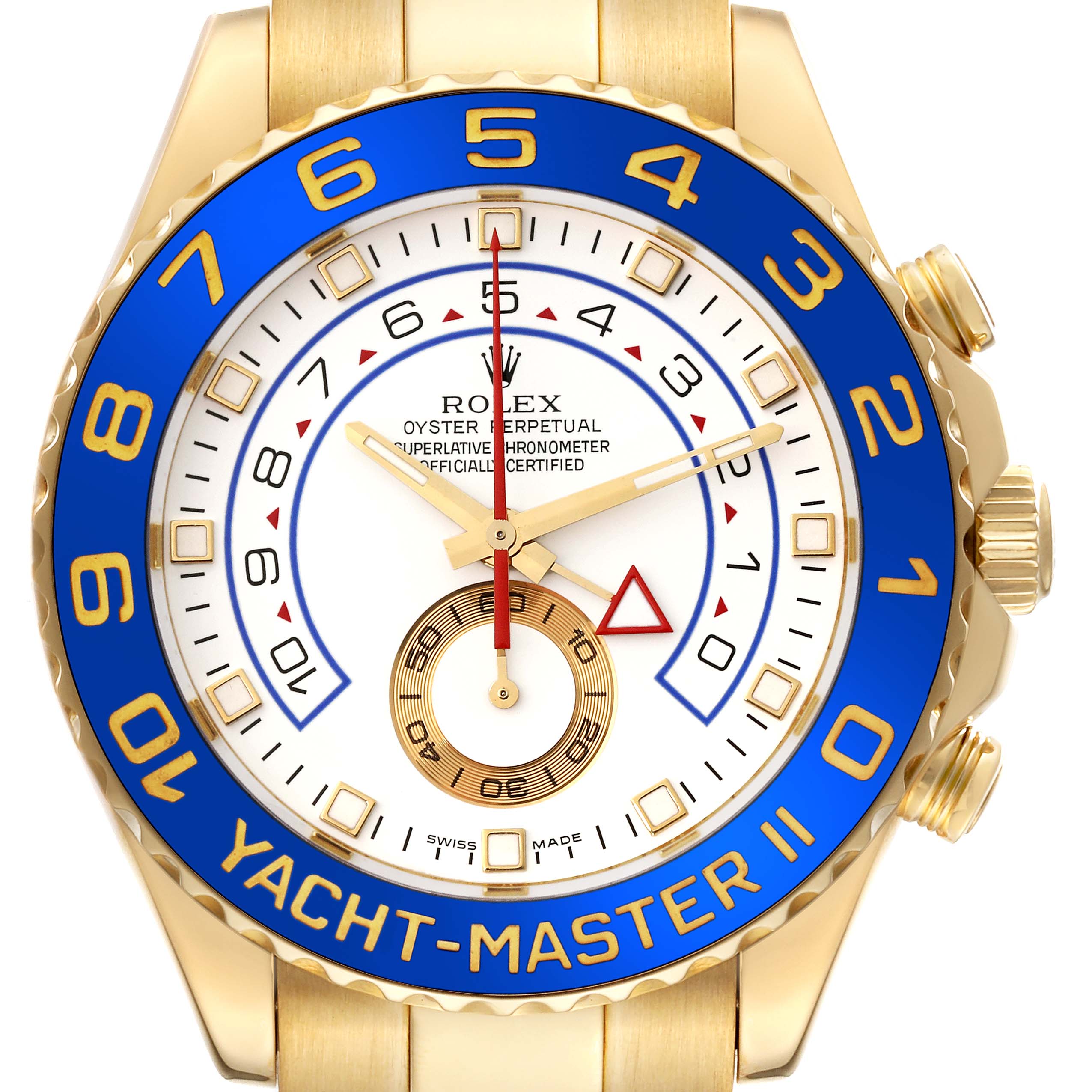 This image shows a close-up front view of the Rolex Yacht-Master 116688 Men's Yellow Gold White Dial 116688 Men's Yellow Gold White Dial II watch, highlighting its bezel, face, and hands.