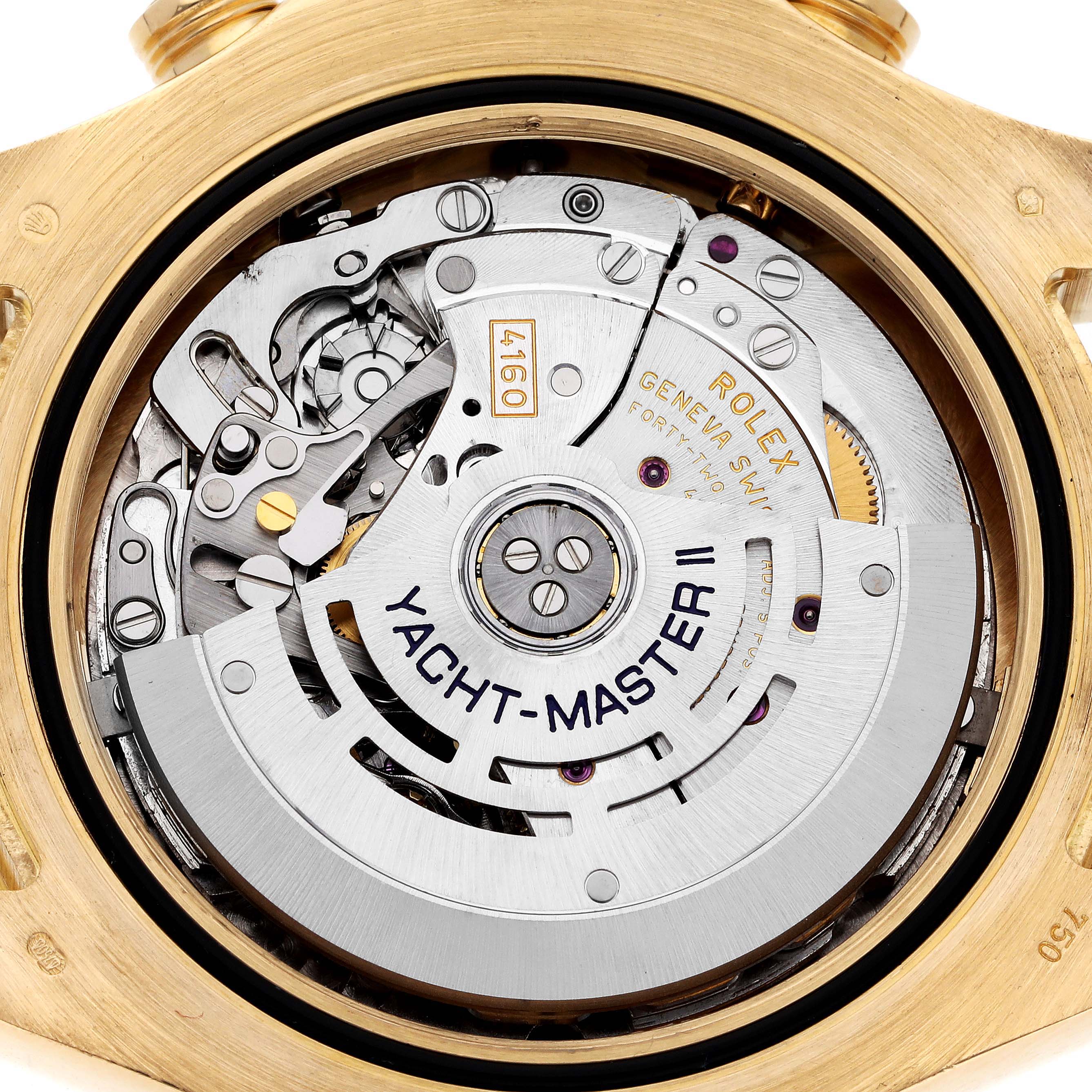 This is a detailed rear view of the Yacht-Master II model by Rolex, showing the watch's internal mechanical movement. 