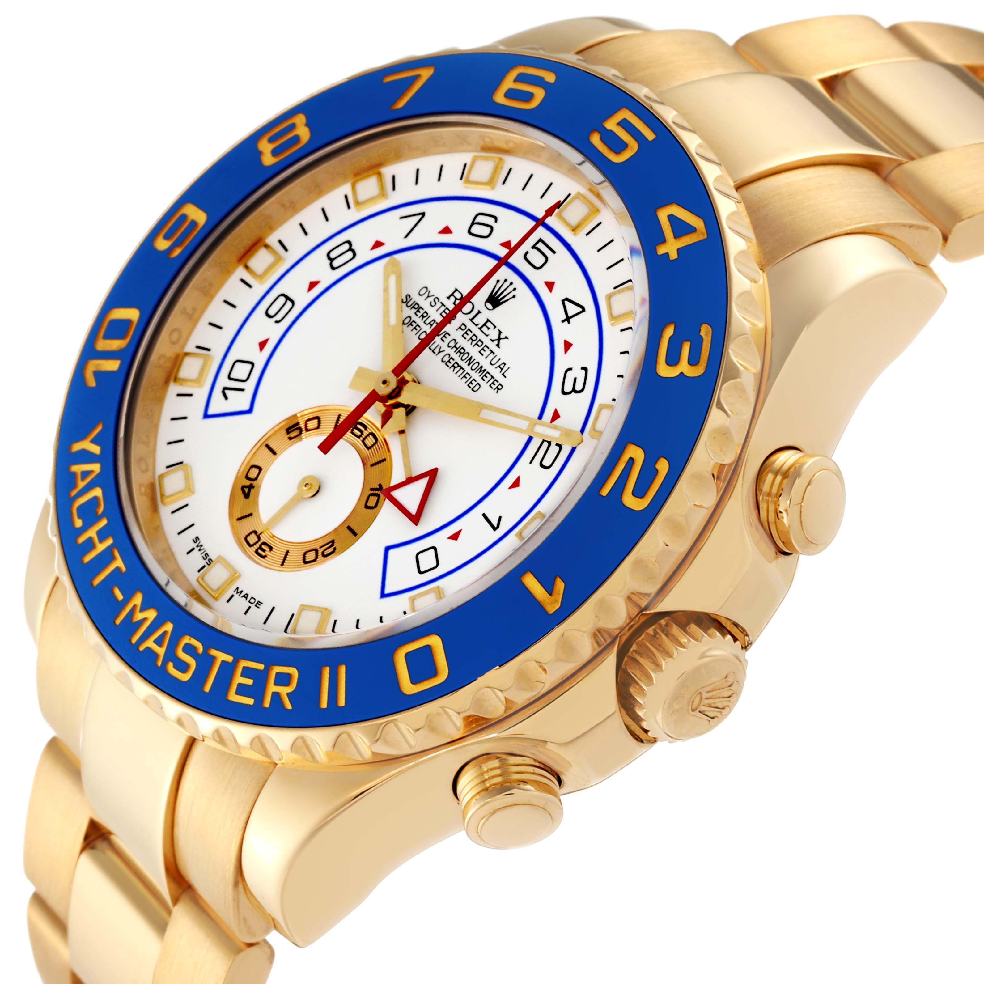 The image shows a close-up angle of the Rolex Yacht-Master 116688 Men's Yellow Gold White Dial 116688 Men's Yellow Gold White Dial II watch, featuring its blue bezel, gold case, and gold strap.