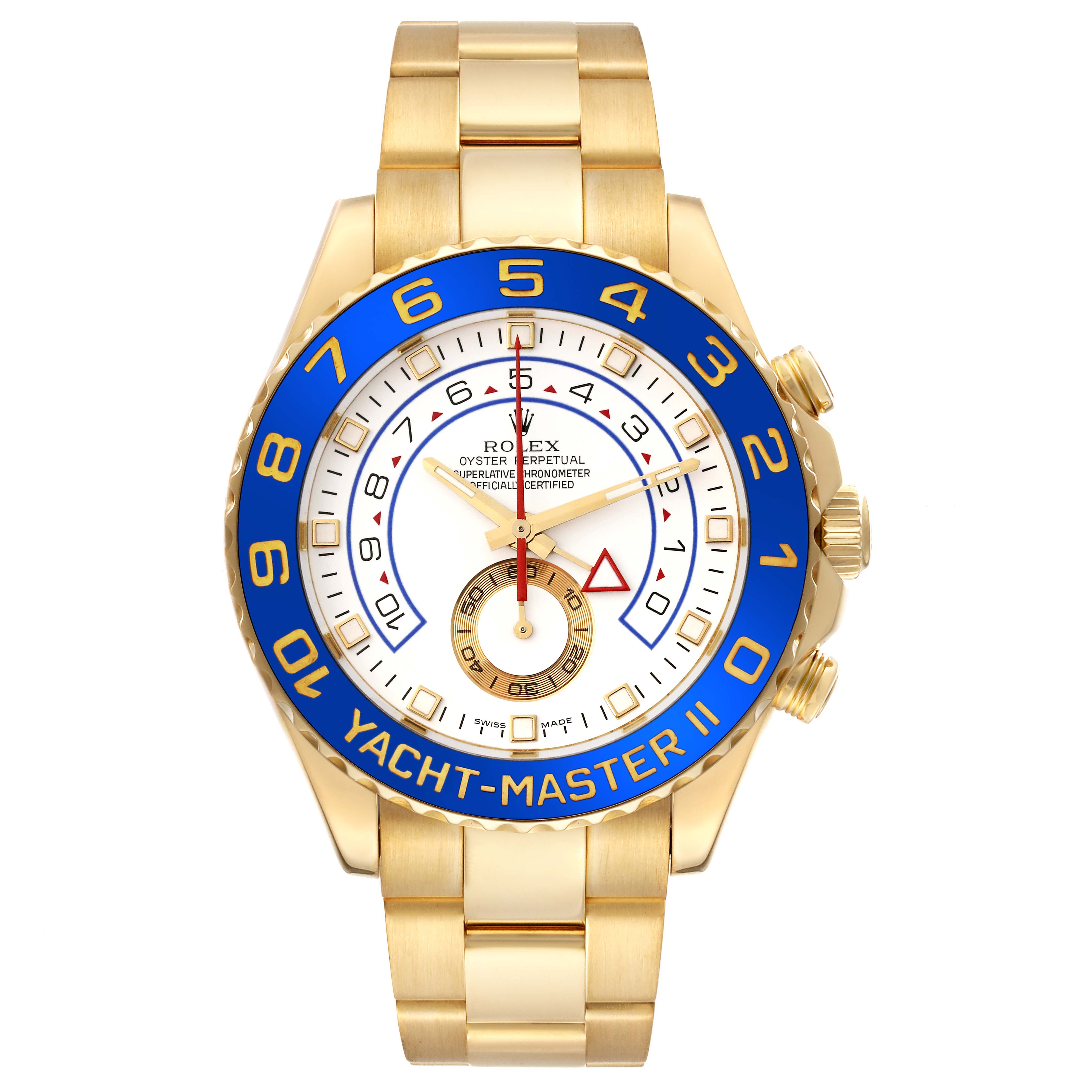 This Rolex Yacht-Master 116688 Men's Yellow Gold White Dial 116688 Men's Yellow Gold White Dial watch is shown from a front angle, displaying its face, bezel, and band.