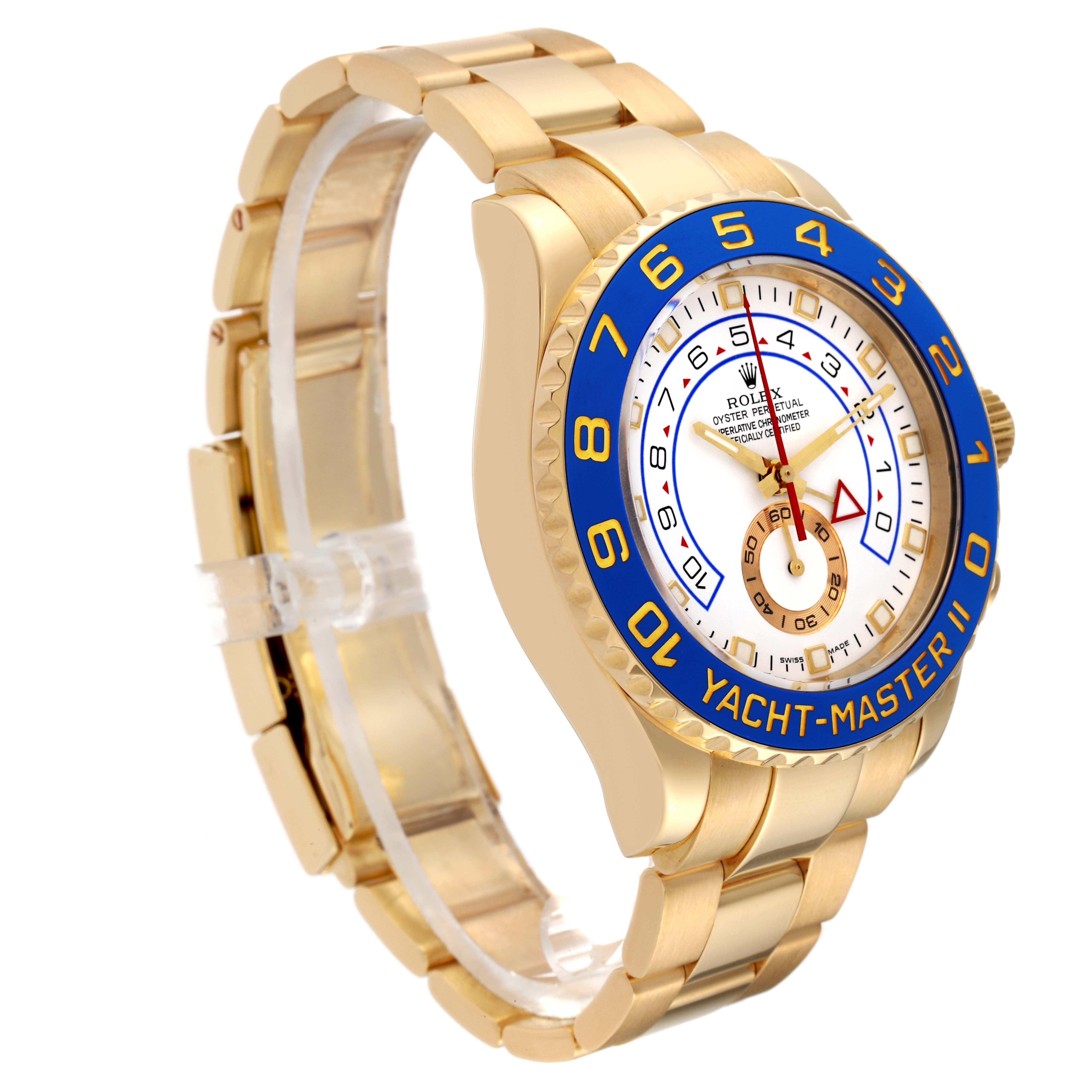 The image shows a side and front angle of the Rolex Yacht-Master 116688 Men's Yellow Gold White Dial 116688 Men's Yellow Gold White Dial watch, highlighting its gold strap and blue bezel.