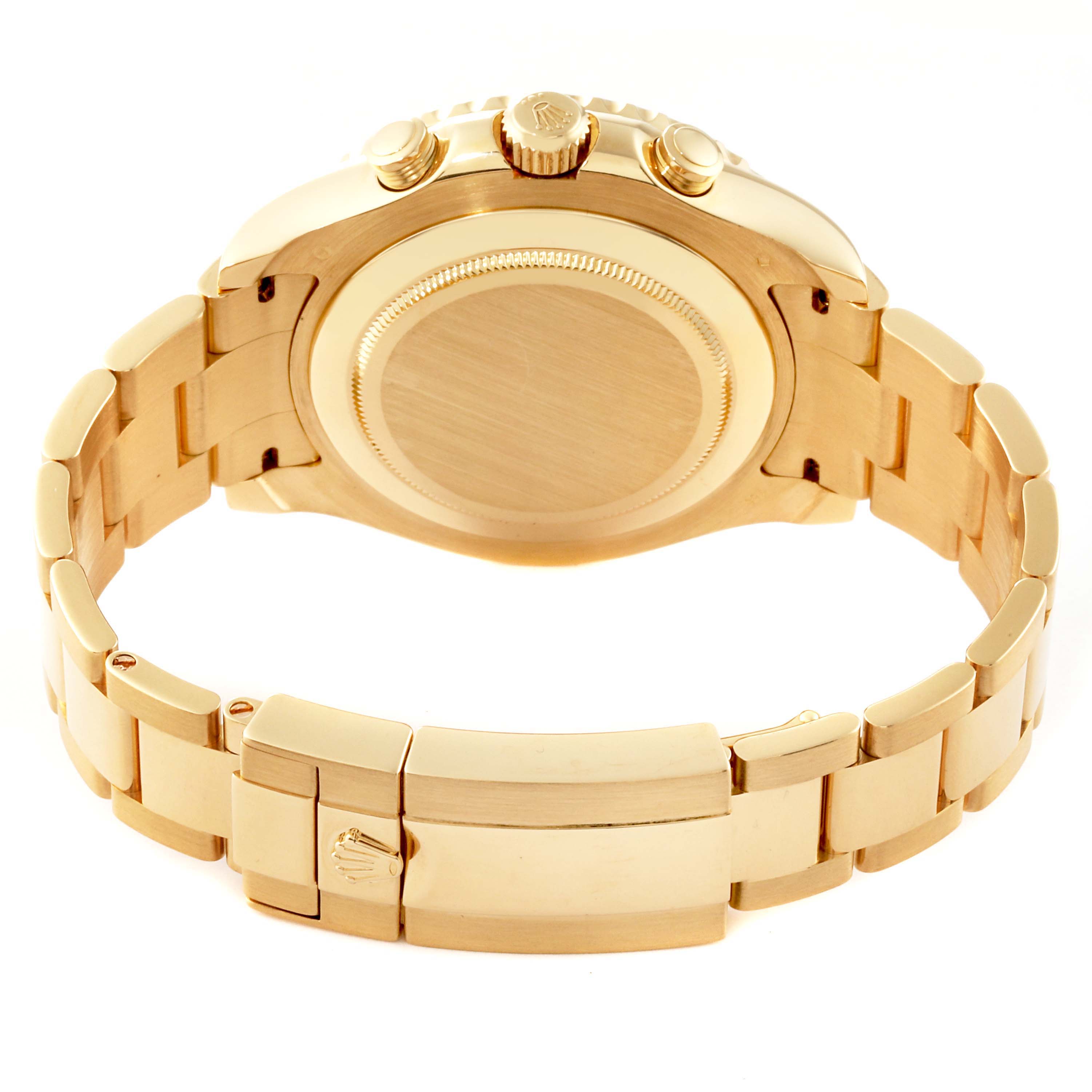 This image shows the back and bracelet clasp of a Rolex Yacht-Master 116688 Men's Yellow Gold White Dial 116688 Men's Yellow Gold White Dial watch.