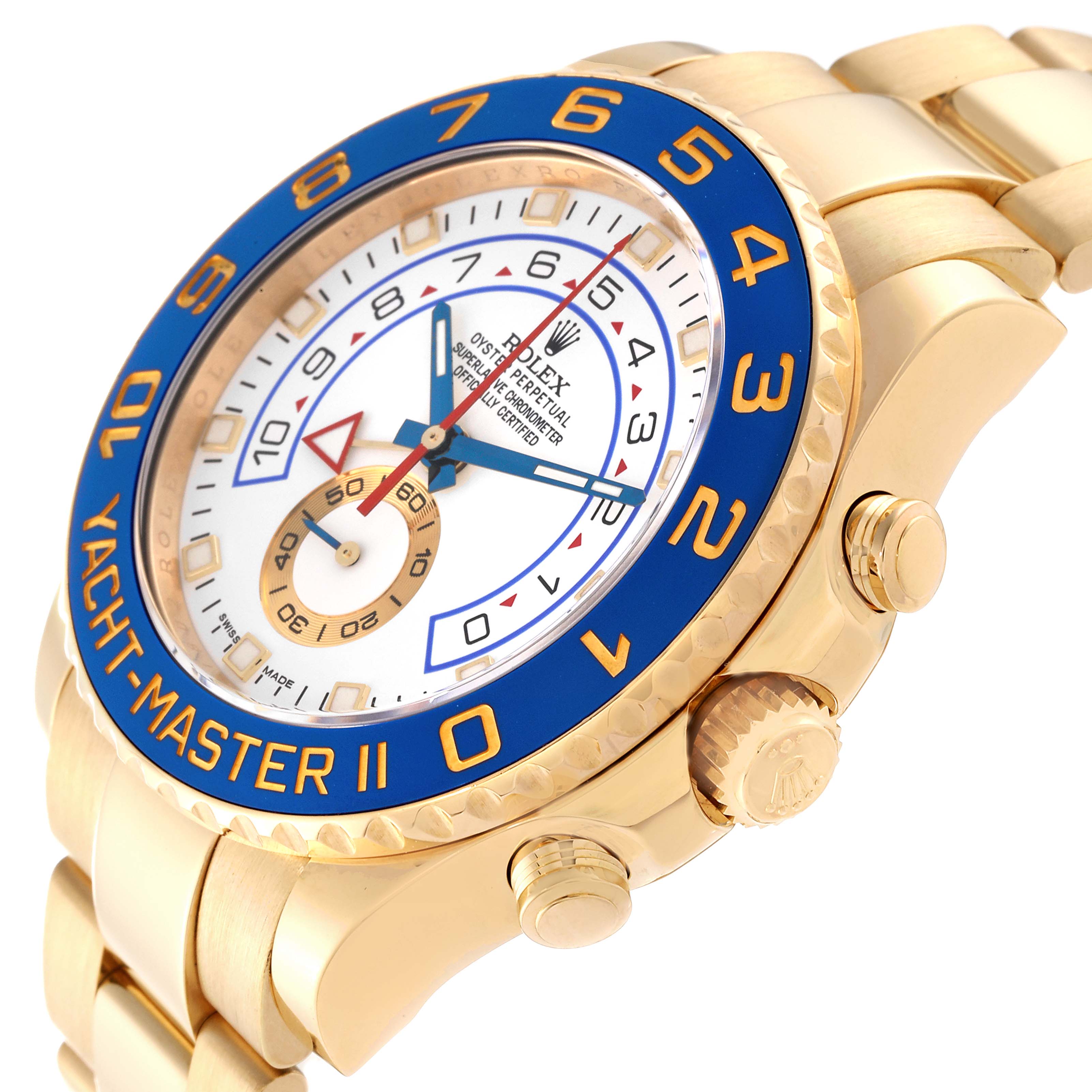 The image shows a close-up side angle of a Rolex Yacht-Master 116688 Men's Yellow Gold White Dial 116688 Men's Yellow Gold White Dial II watch, highlighting the bezel, dial, and crown.