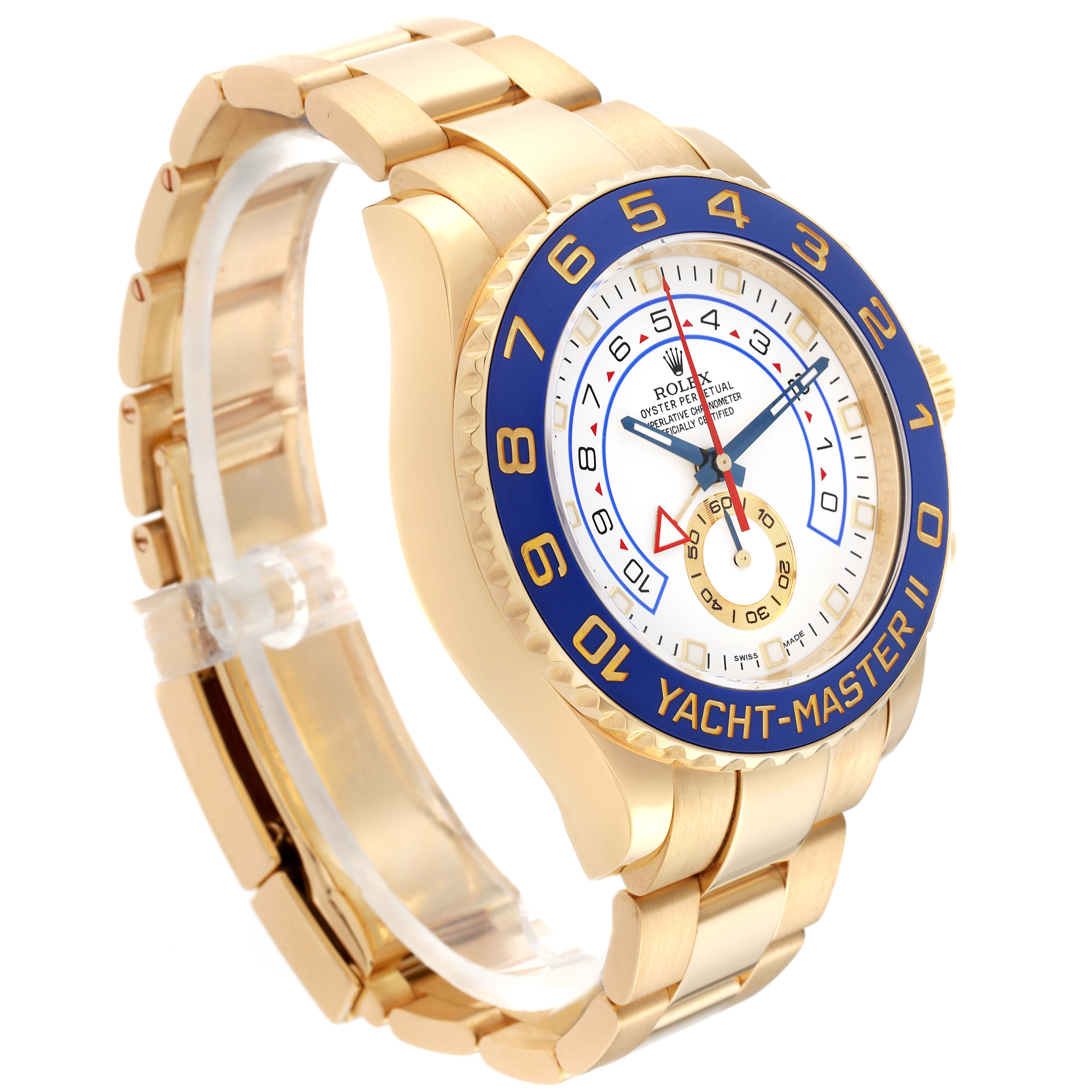 The gold Rolex Yacht-Master 116688 Men's Yellow Gold White Dial 116688 Men's Yellow Gold White Dial II watch is shown at a slight angle, displaying the face, bezel, and part of the bracelet.