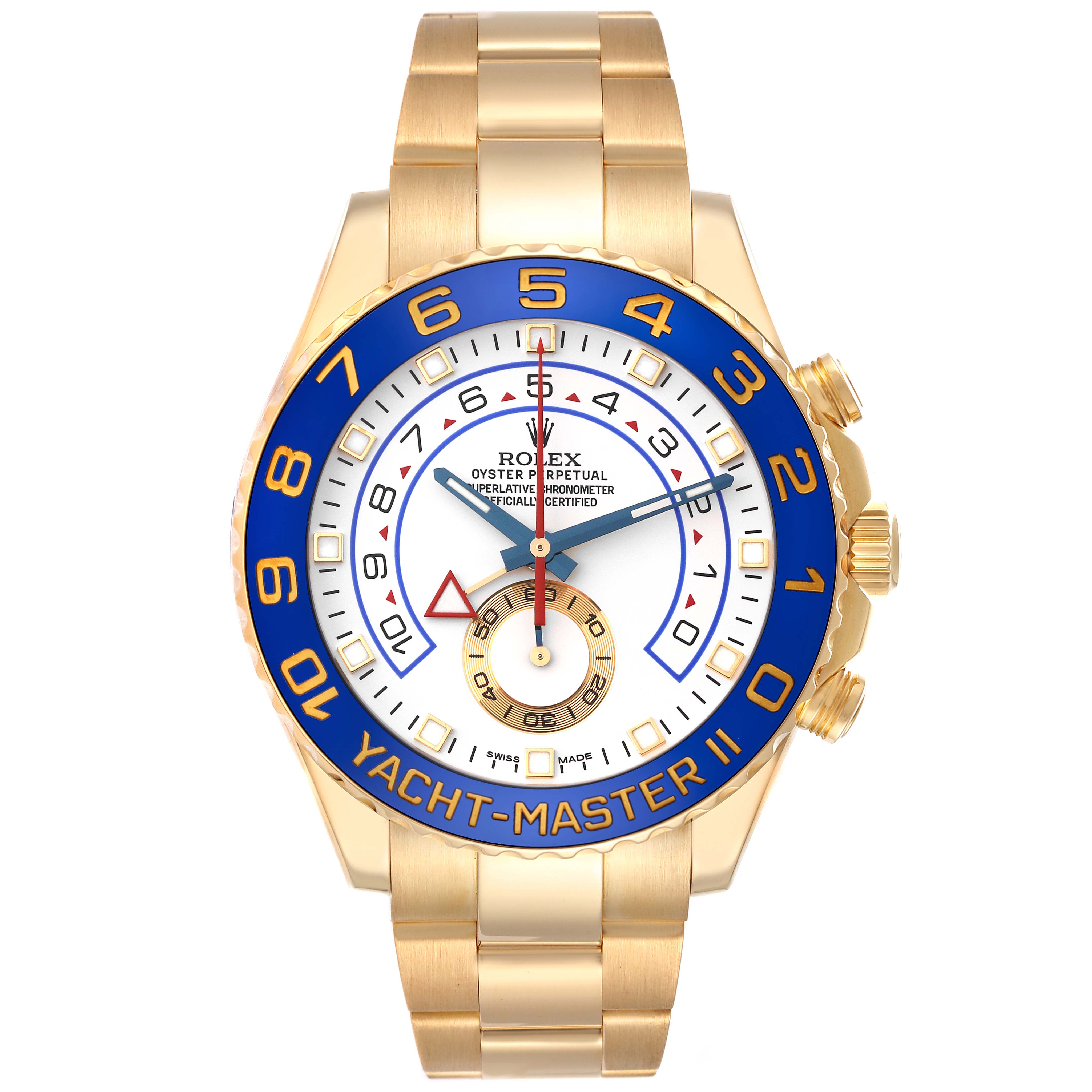 The image shows a front view of a Rolex Yacht-Master 116688 Men's Yellow Gold White Dial 116688 Men's Yellow Gold White Dial II watch, displaying its gold bracelet, blue bezel, and dial details.