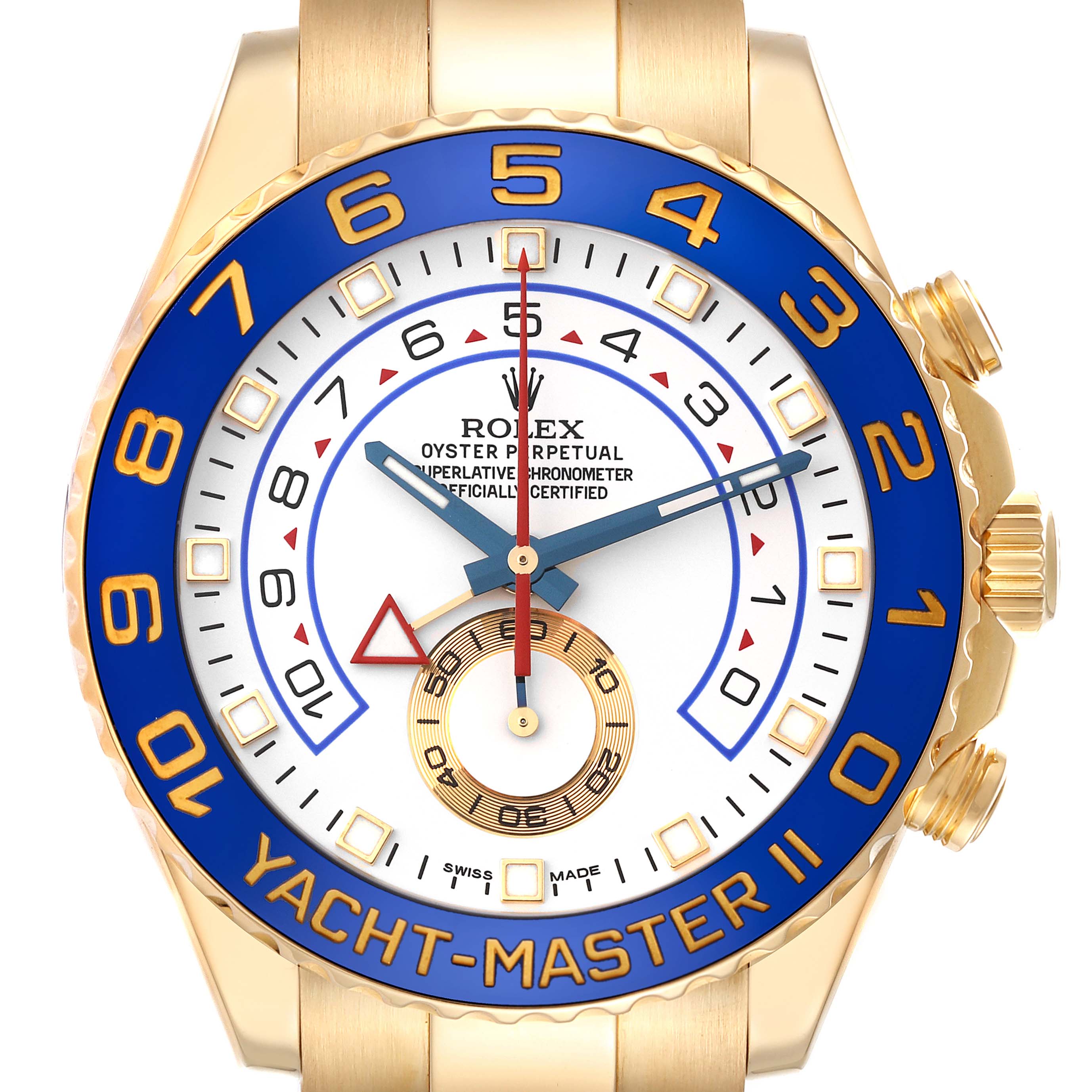 The image shows a front view of a Rolex Yacht-Master 116688 Men's Yellow Gold White Dial 116688 Men's Yellow Gold White Dial II watch, highlighting its blue bezel, gold case, and detailed dial.