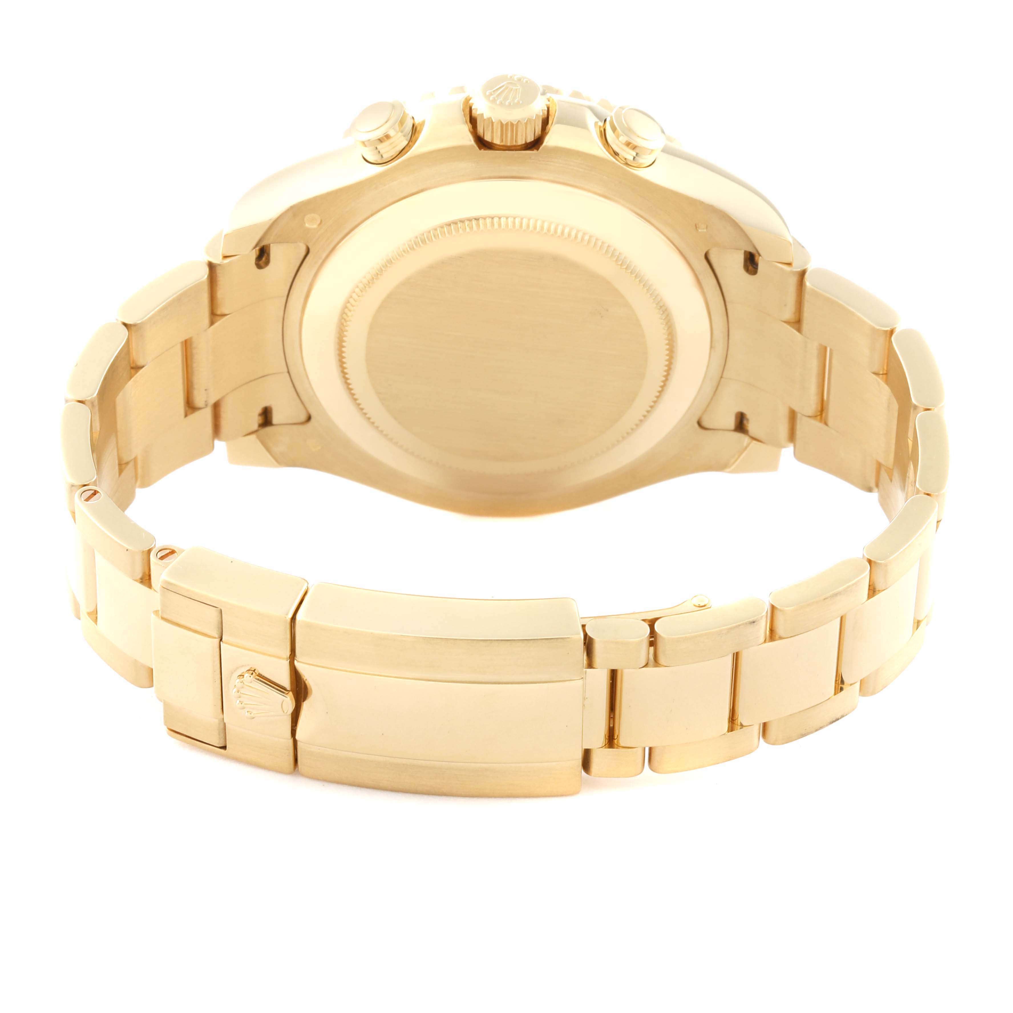 This image shows the back view of a Rolex Yacht-Master 116688 Men's Yellow Gold White Dial 116688 Men's Yellow Gold White Dial watch, highlighting the closed clasp and bracelet.