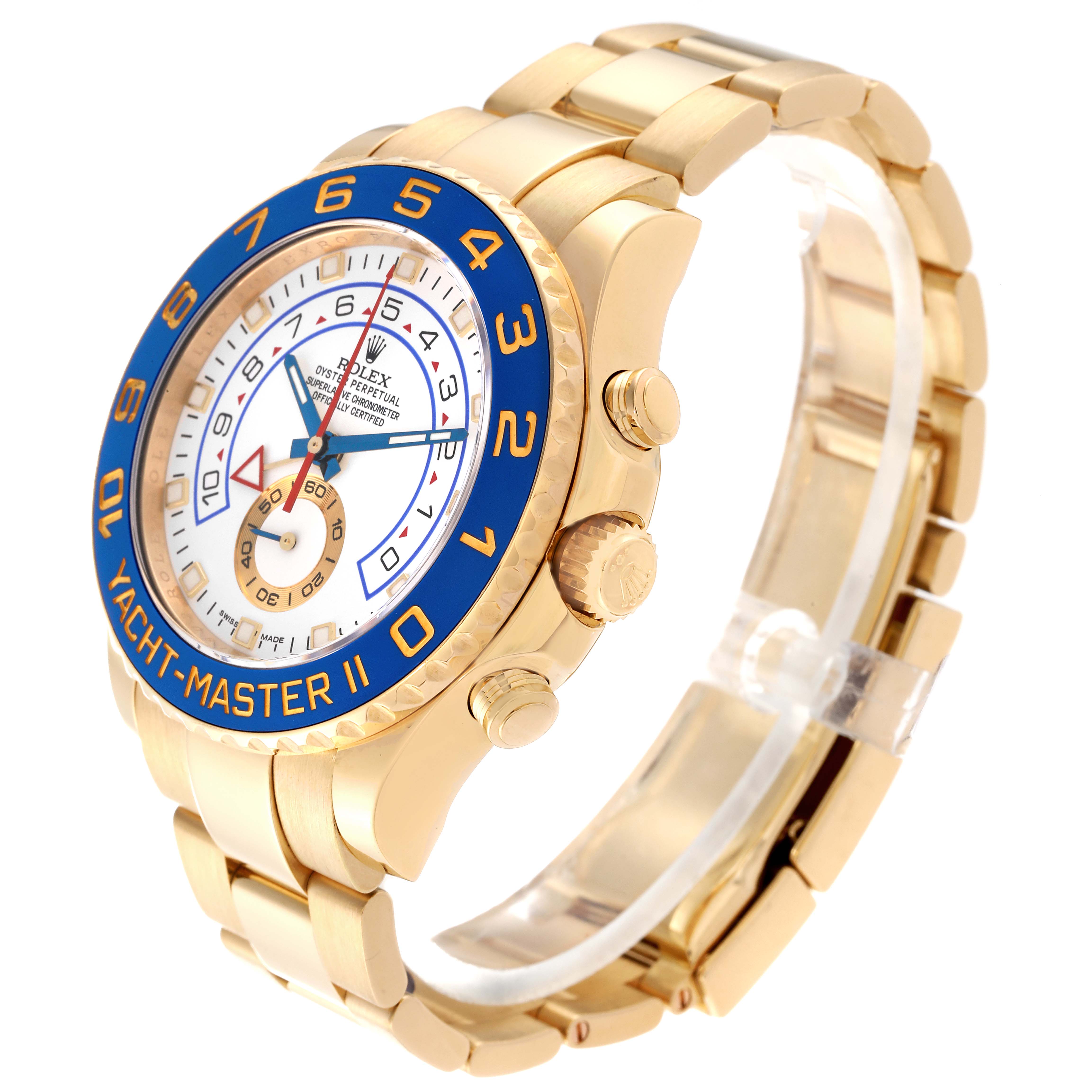 The Rolex Yacht-Master 116688 Men's Yellow Gold White Dial 116688 Men's Yellow Gold White Dial watch is shown at an oblique angle, highlighting the gold case, blue bezel, and bracelet.