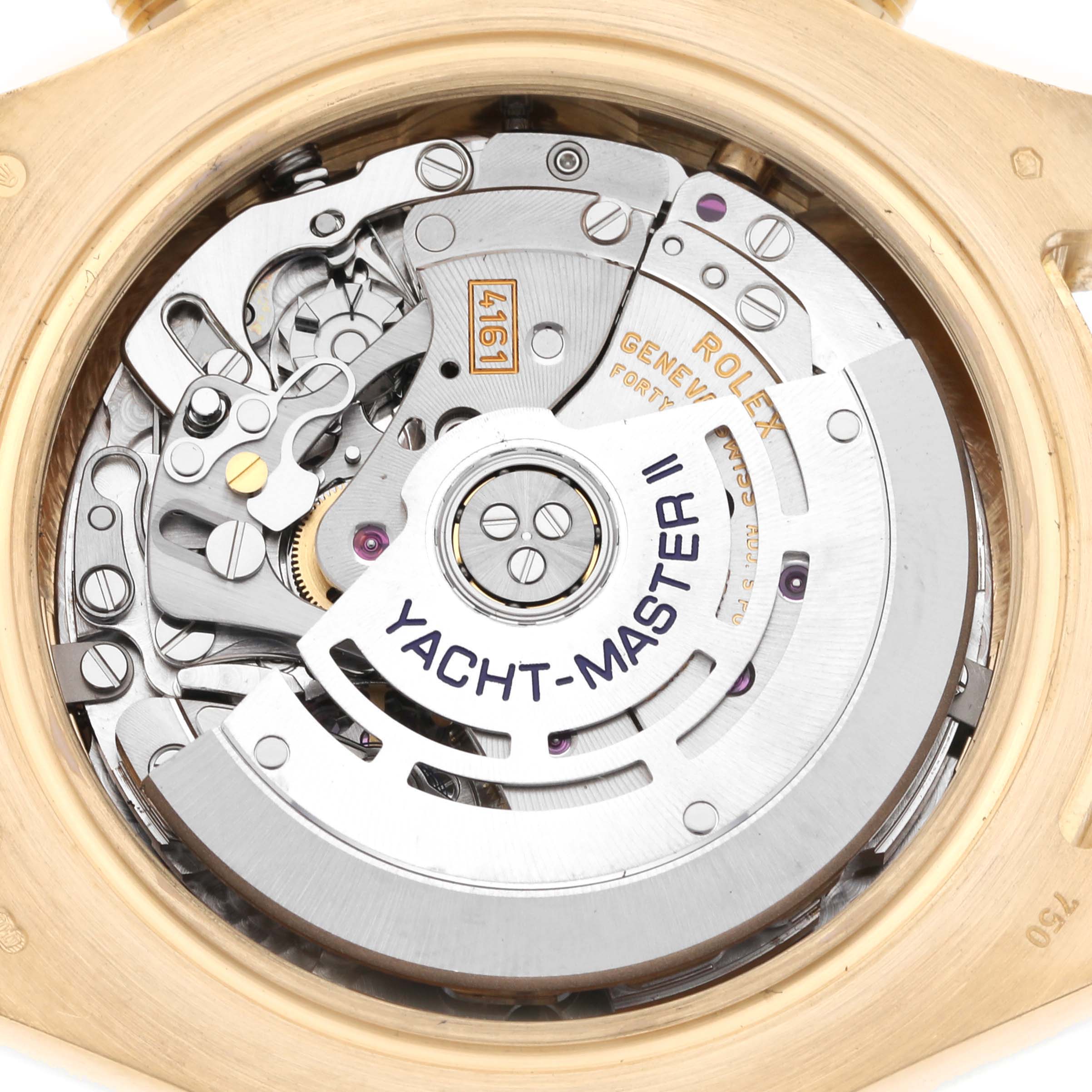 The image shows the movement mechanism of the Rolex Yacht-Master 116688 Men's Yellow Gold White Dial 116688 Men's Yellow Gold White Dial II watch from a close-up, rear angle.