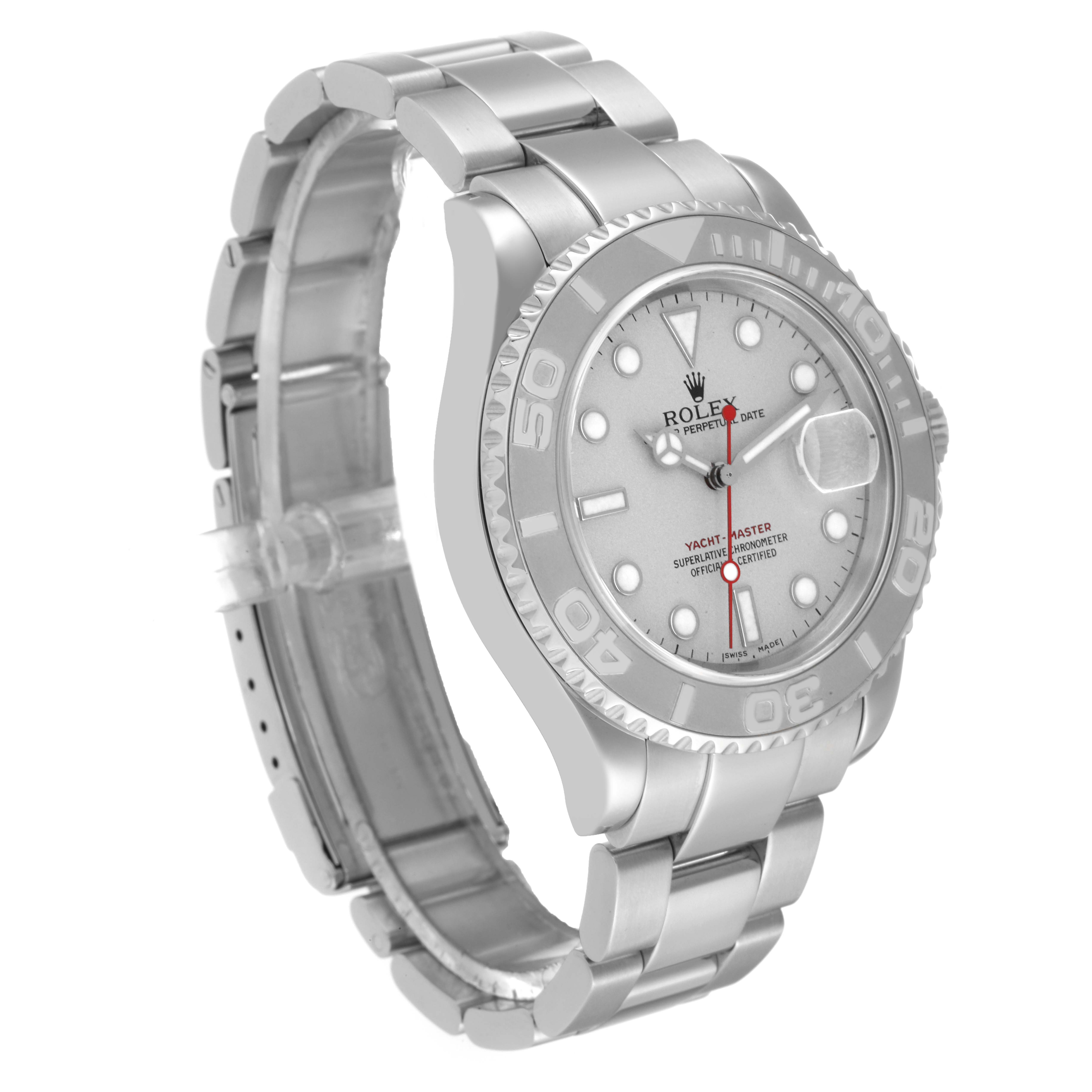 This image shows the front and upper side of a Rolex Yacht-Master 16622 Men's Stainless Steel Silver Dial 16622 Men's Stainless Steel Silver Dial watch, detailing the bezel, dial, and bracelet.