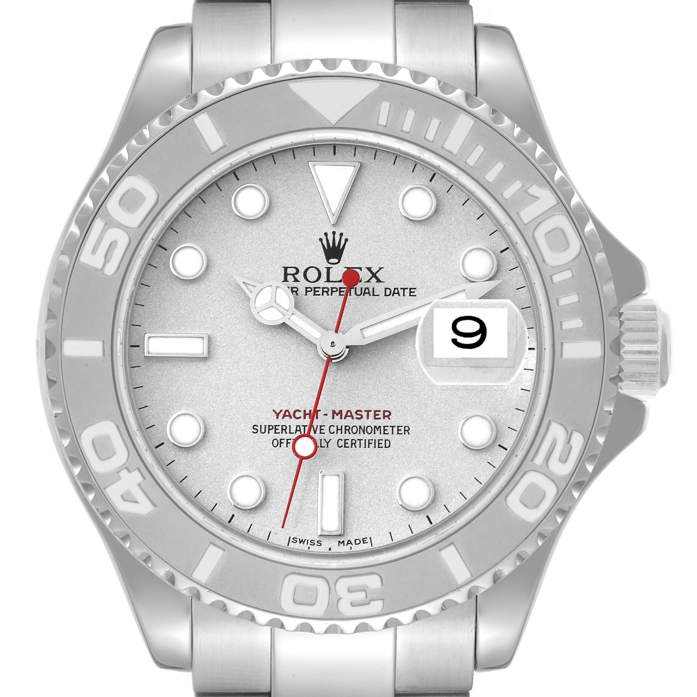 The image shows a close-up, front view of the Rolex Yacht-Master 16622 Men's Stainless Steel Silver Dial 16622 Men's Stainless Steel Silver Dial watch, highlighting its dial, hands, bezel, and date window.