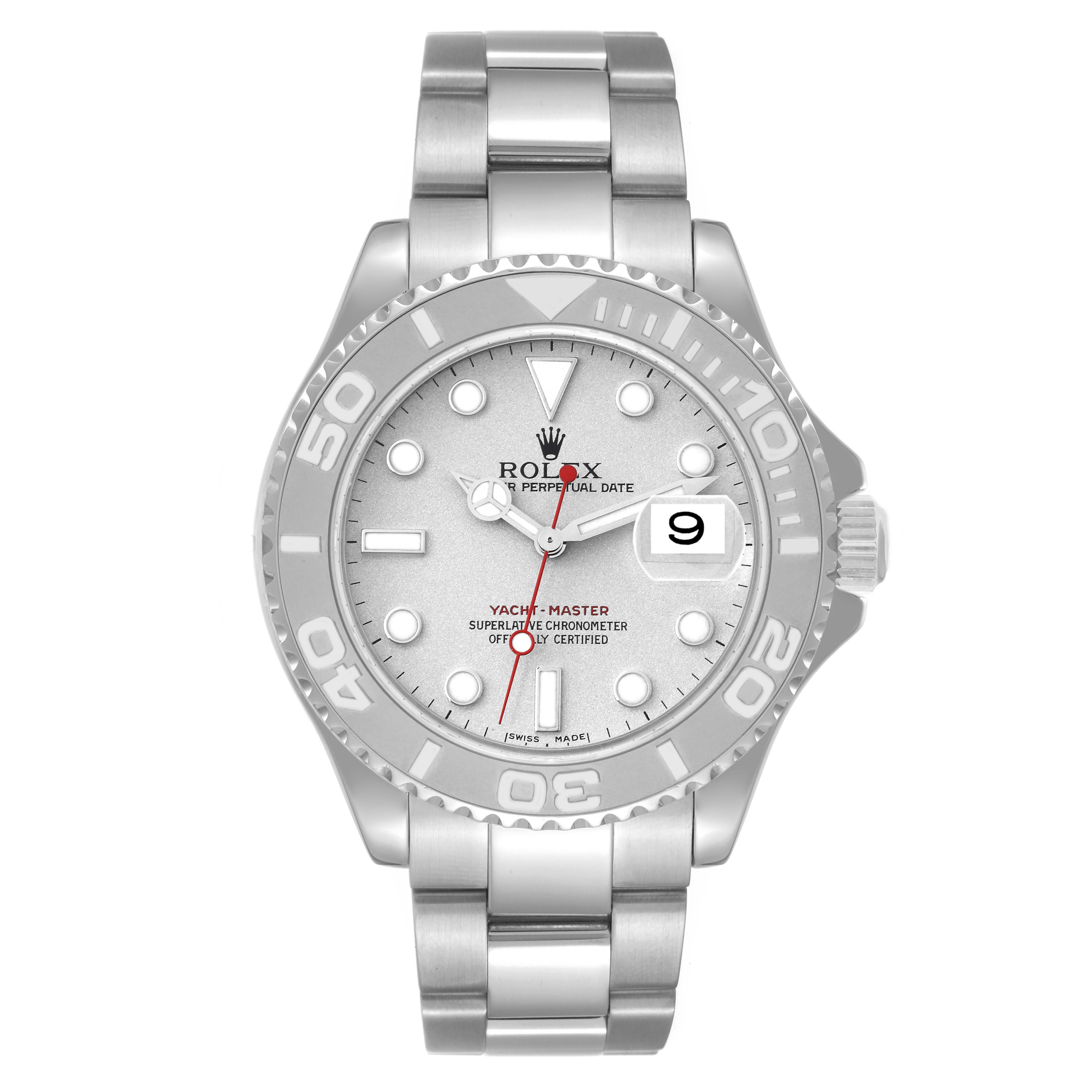 The image shows a front view of a Rolex Yacht-Master 16622 Men's Stainless Steel Silver Dial 16622 Men's Stainless Steel Silver Dial watch, displaying its face, bezel, and linked bracelet.