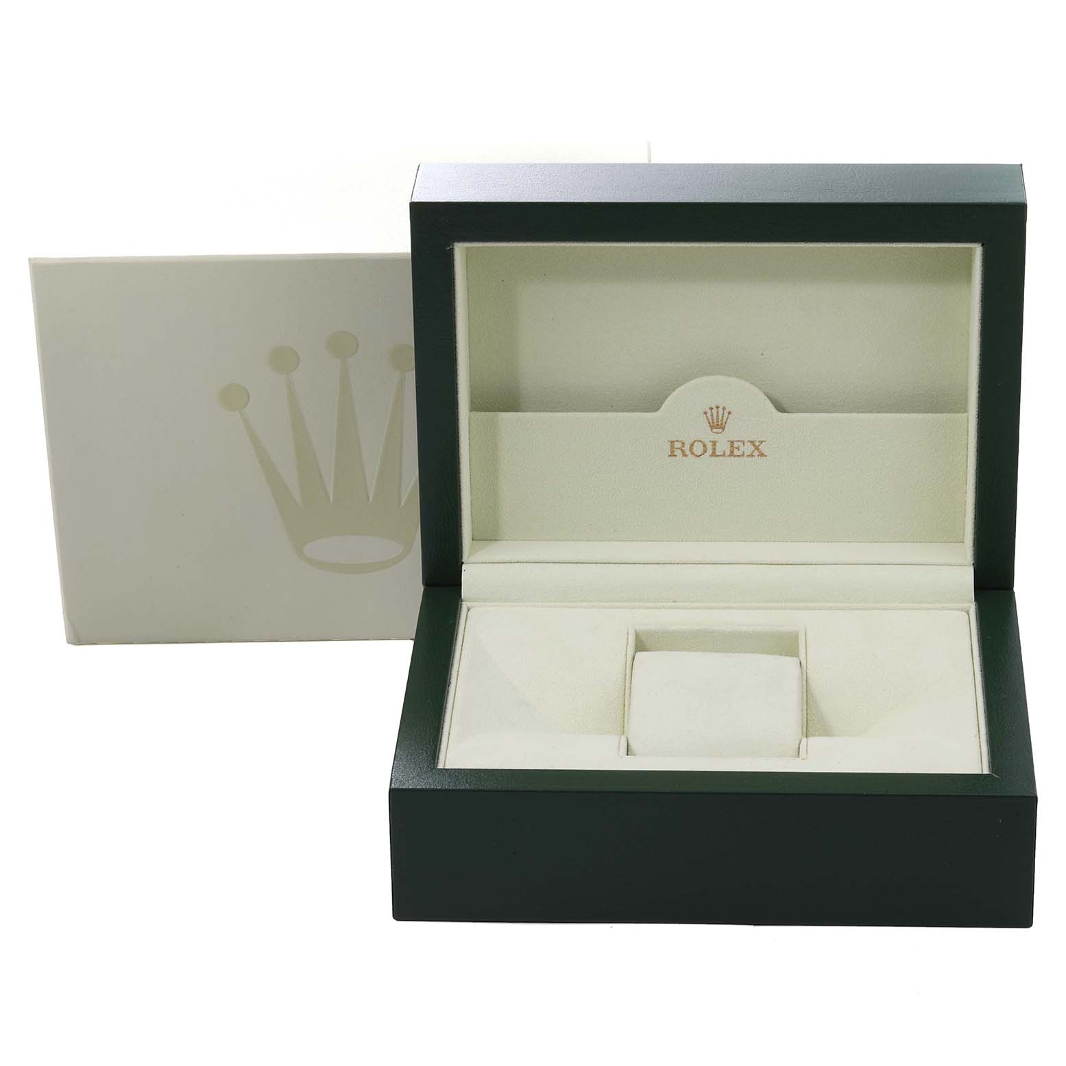 This image shows an open Rolex Yacht-Master 16622 Men's Stainless Steel Silver Dial 16622 Men's Stainless Steel Silver Dial watch box, revealing its interior cushion and compartments from a front angle.