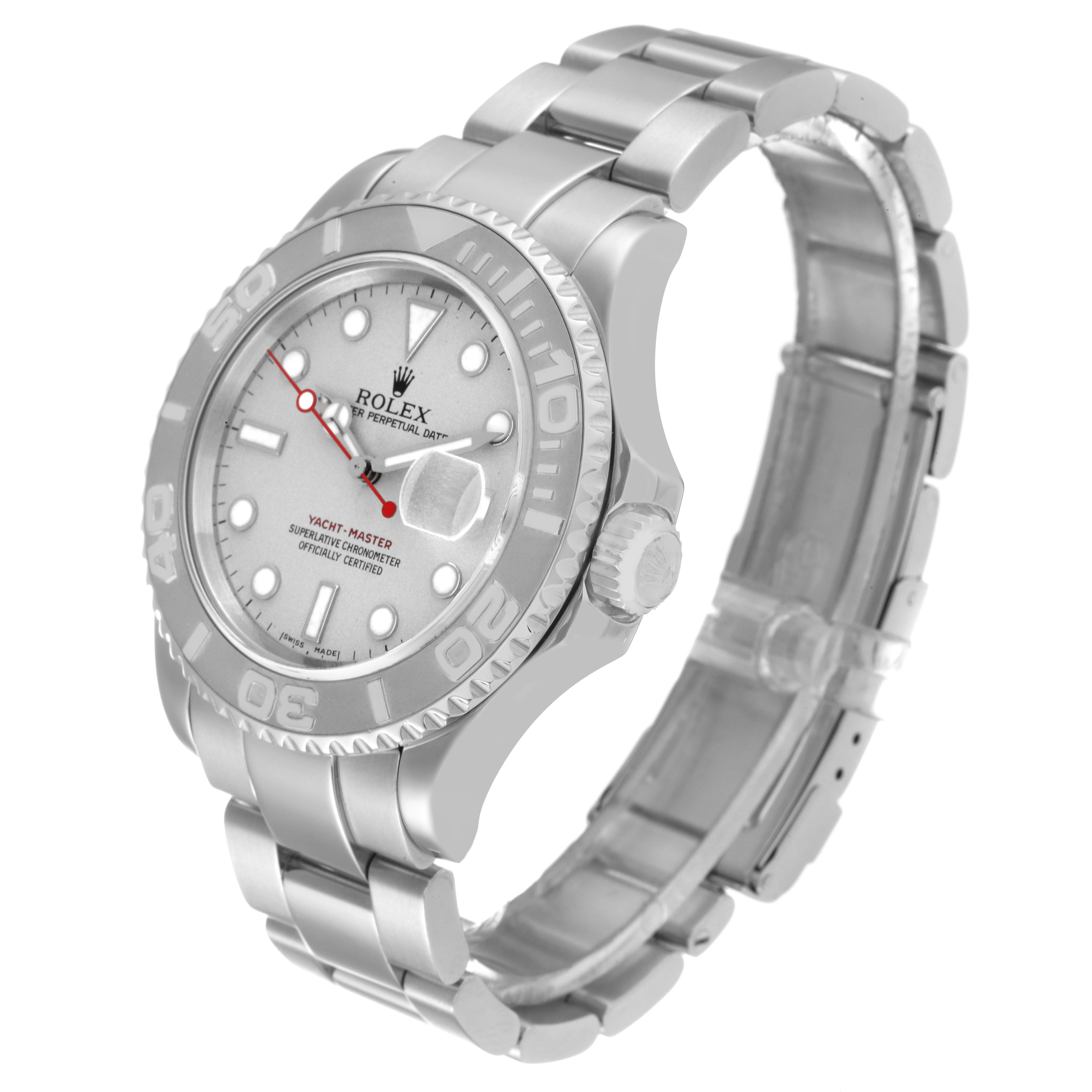 The Rolex Yacht-Master 16622 Men's Stainless Steel Silver Dial 16622 Men's Stainless Steel Silver Dial watch is shown at a three-quarter angle highlighting the face, bezel, crown, and bracelet.