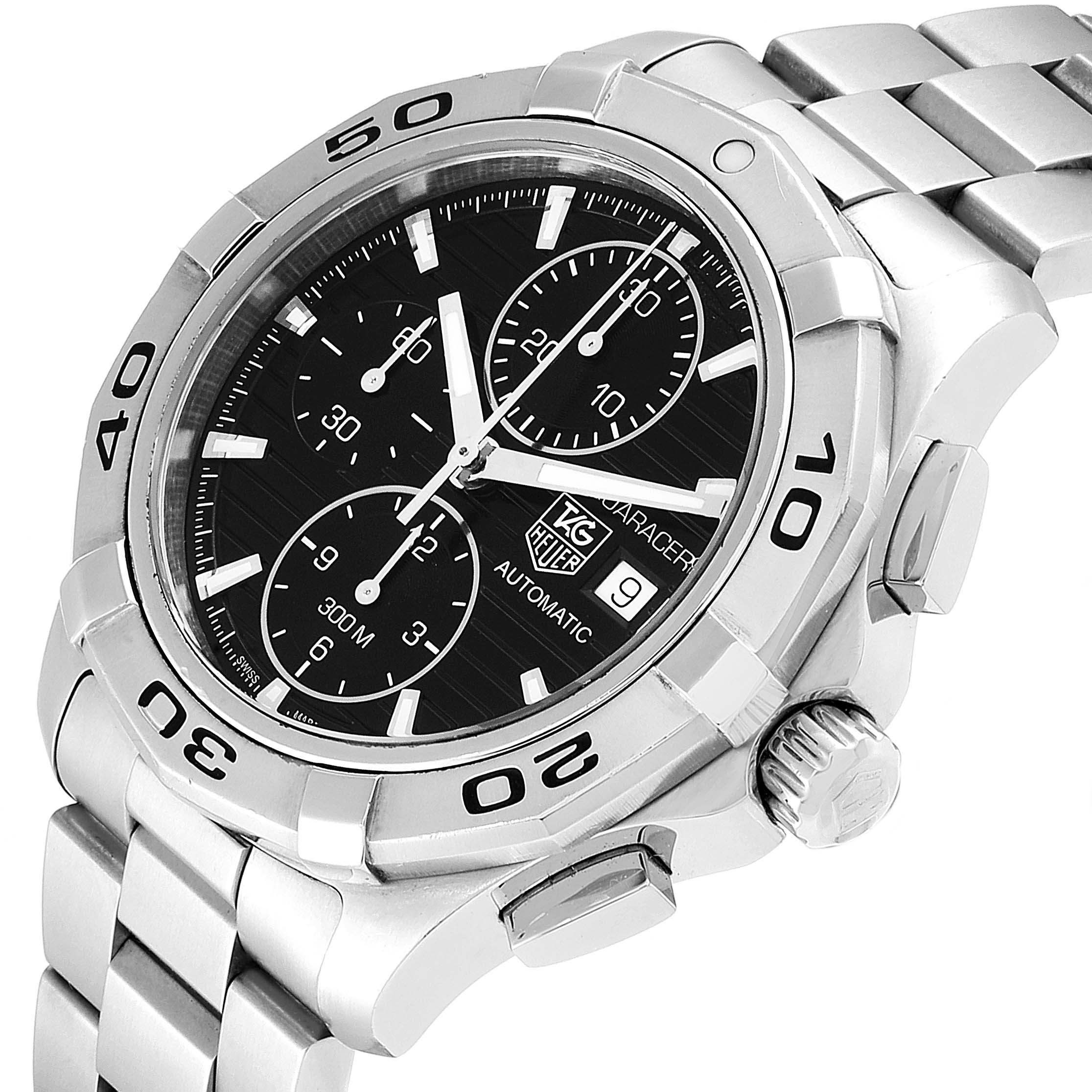 The image shows a side angle of the Tag Heuer Aquaracer CAP2110.BA0833 Men's Stainless Steel Black Dial CAP2110.BA0833 Men's Stainless Steel Black Dial watch, displaying the face, bezel, crown, and part of the bracelet.