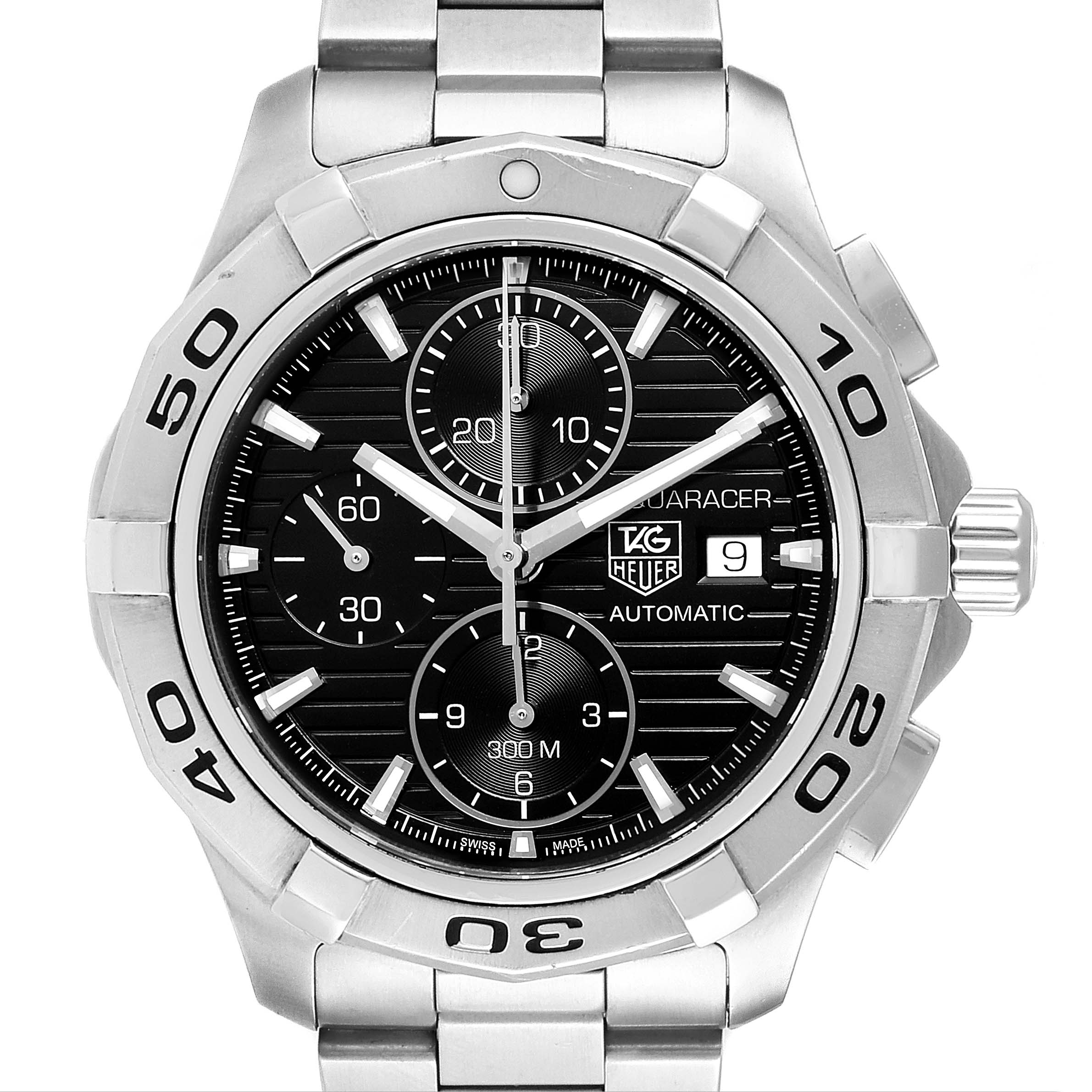 The image shows a front view of a Tag Heuer Aquaracer CAP2110.BA0833 Men's Stainless Steel Black Dial CAP2110.BA0833 Men's Stainless Steel Black Dial watch, displaying its bezel, dial, sub-dials, and bracelet.
