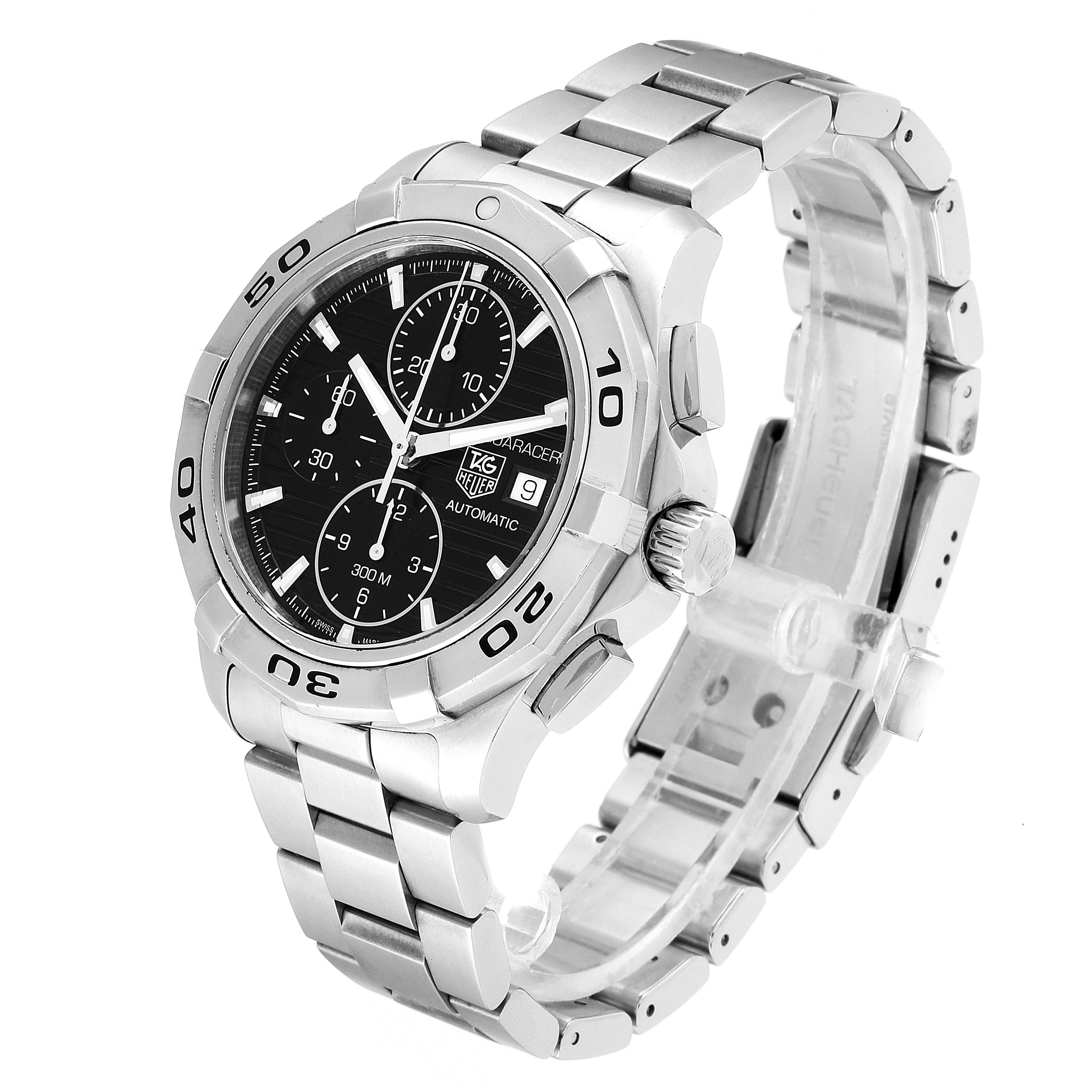 The image shows a Tag Heuer Aquaracer CAP2110.BA0833 Men's Stainless Steel Black Dial CAP2110.BA0833 Men's Stainless Steel Black Dial watch at an angled view highlighting the face, bezel, crown, and stainless steel bracelet.
