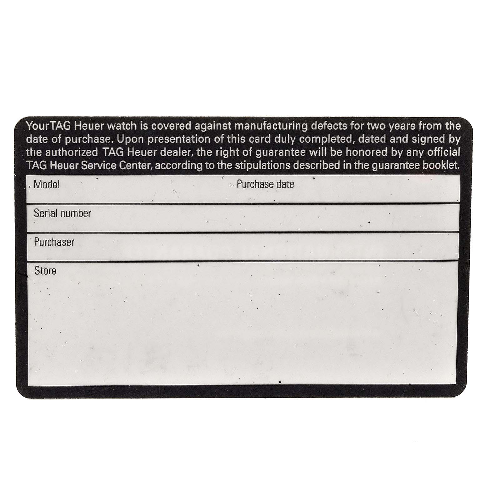 The image shows the guarantee card for the Tag Heuer Aquaracer CAP2110.BA0833 Men's Stainless Steel Black Dial CAP2110.BA0833 Men's Stainless Steel Black Dial watch, detailing the model, serial number, purchaser, and store sections.