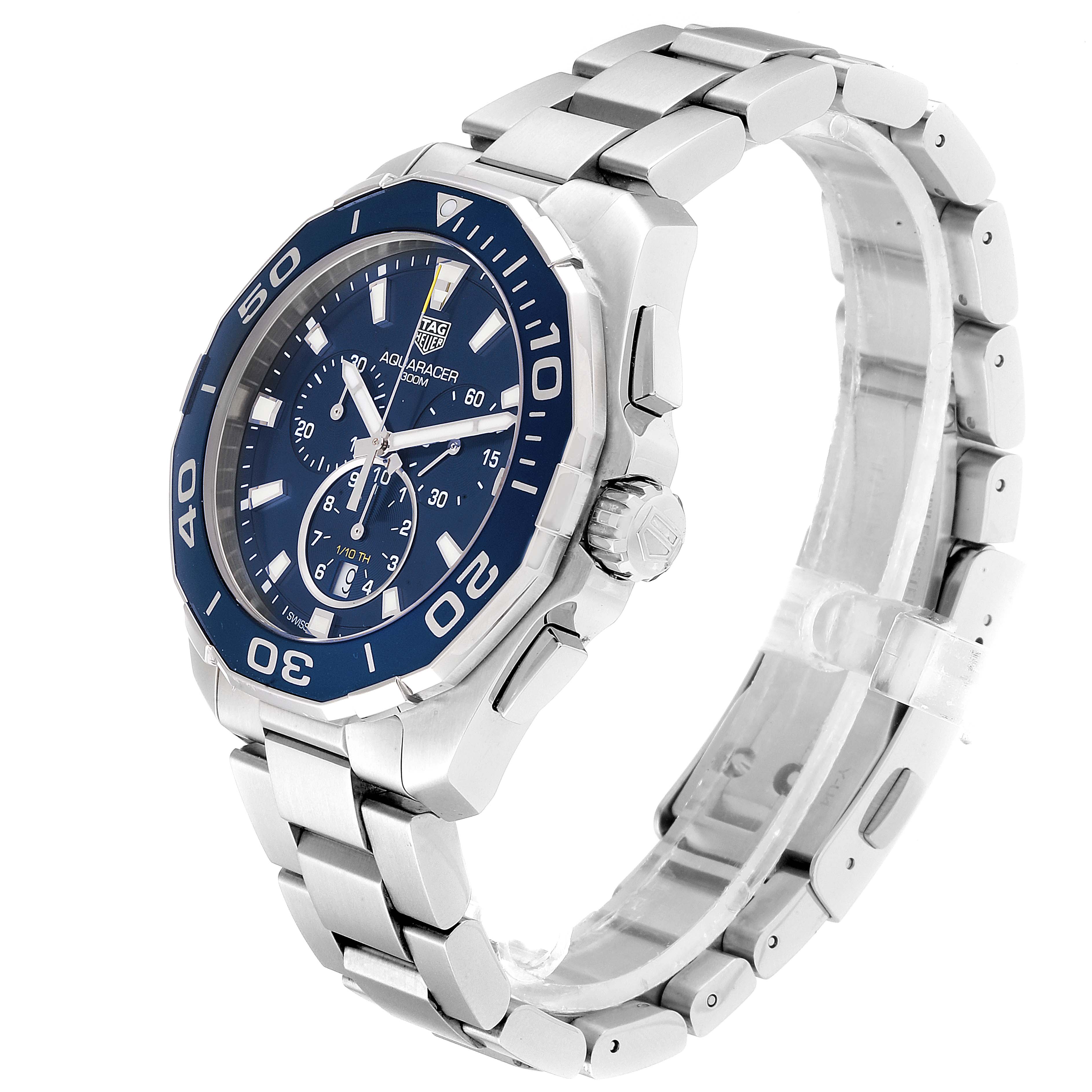 This image shows a Tag Heuer Aquaracer CAY111B.BA0927 Men's Stainless Steel Blue Dial CAY111B.BA0927 Men's Stainless Steel Blue Dial watch from a front-side angle, highlighting its blue dial, bezel, and stainless steel bracelet.