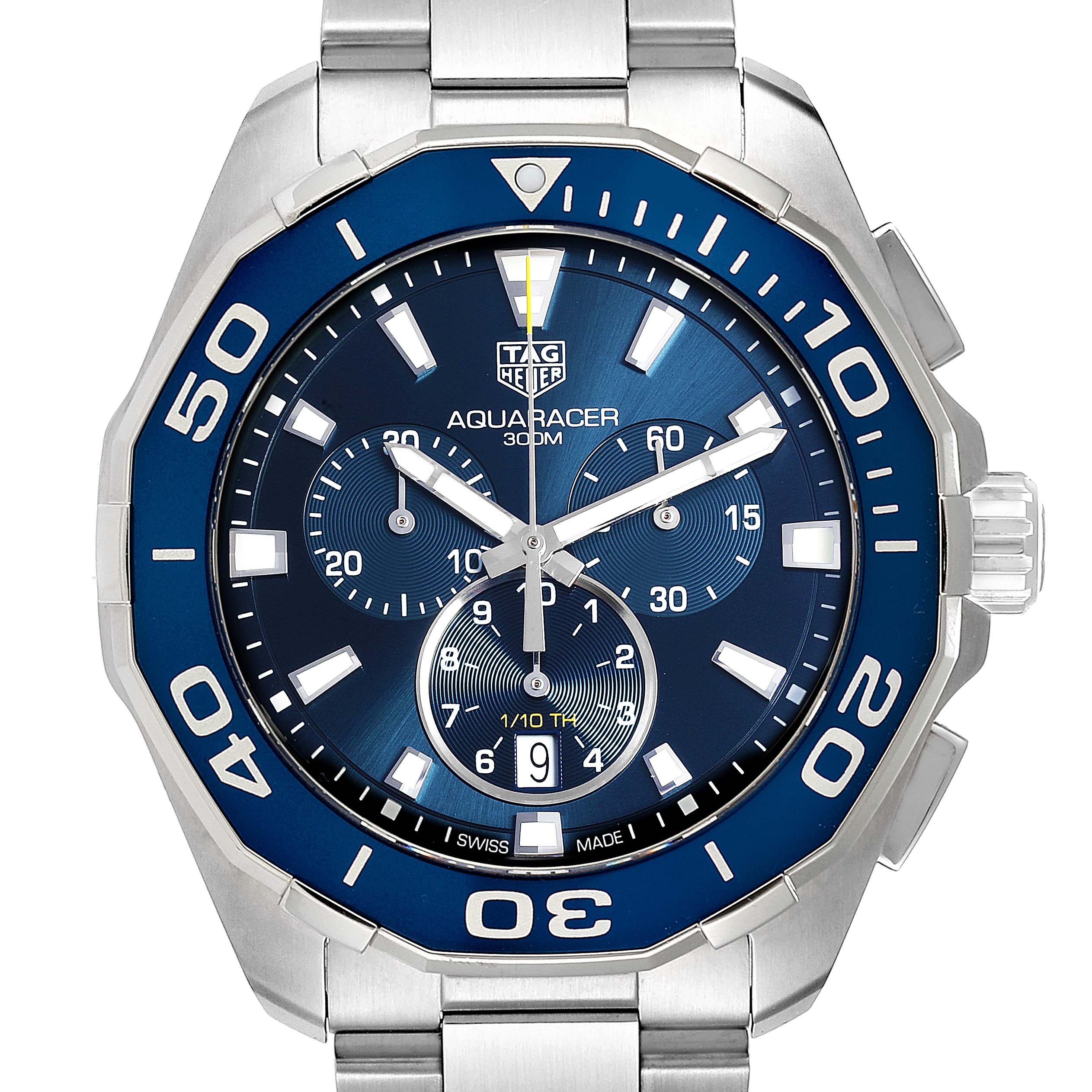 This is a front view of the Tag Heuer Aquaracer CAY111B.BA0927 Men's Stainless Steel Blue Dial CAY111B.BA0927 Men's Stainless Steel Blue Dial watch, showcasing its blue dial, chronograph subdials, and stainless steel bracelet.
