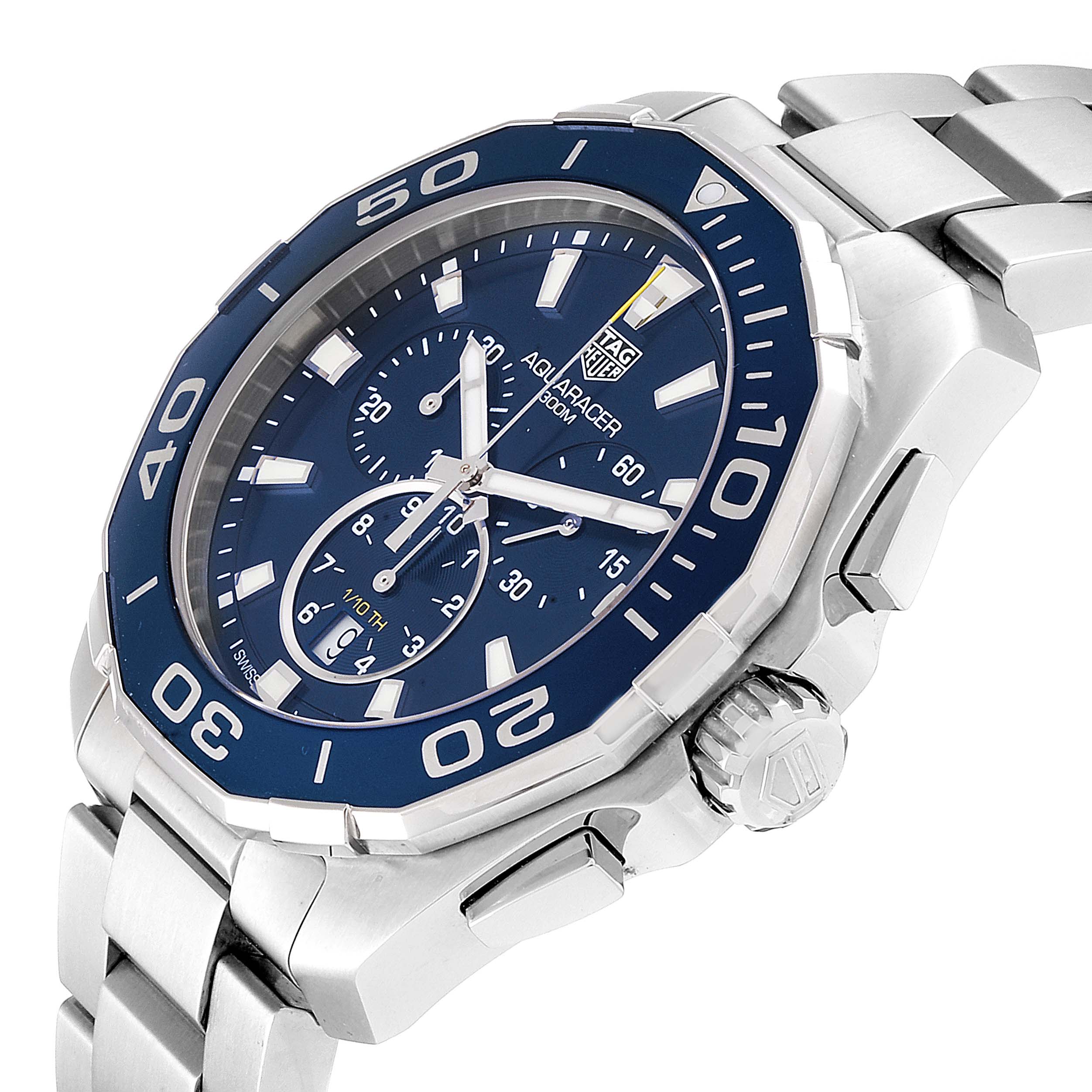 This image shows the Tag Heuer Aquaracer CAY111B.BA0927 Men's Stainless Steel Blue Dial CAY111B.BA0927 Men's Stainless Steel Blue Dial watch at an angled close-up, highlighting the dial, bezel, and crown.