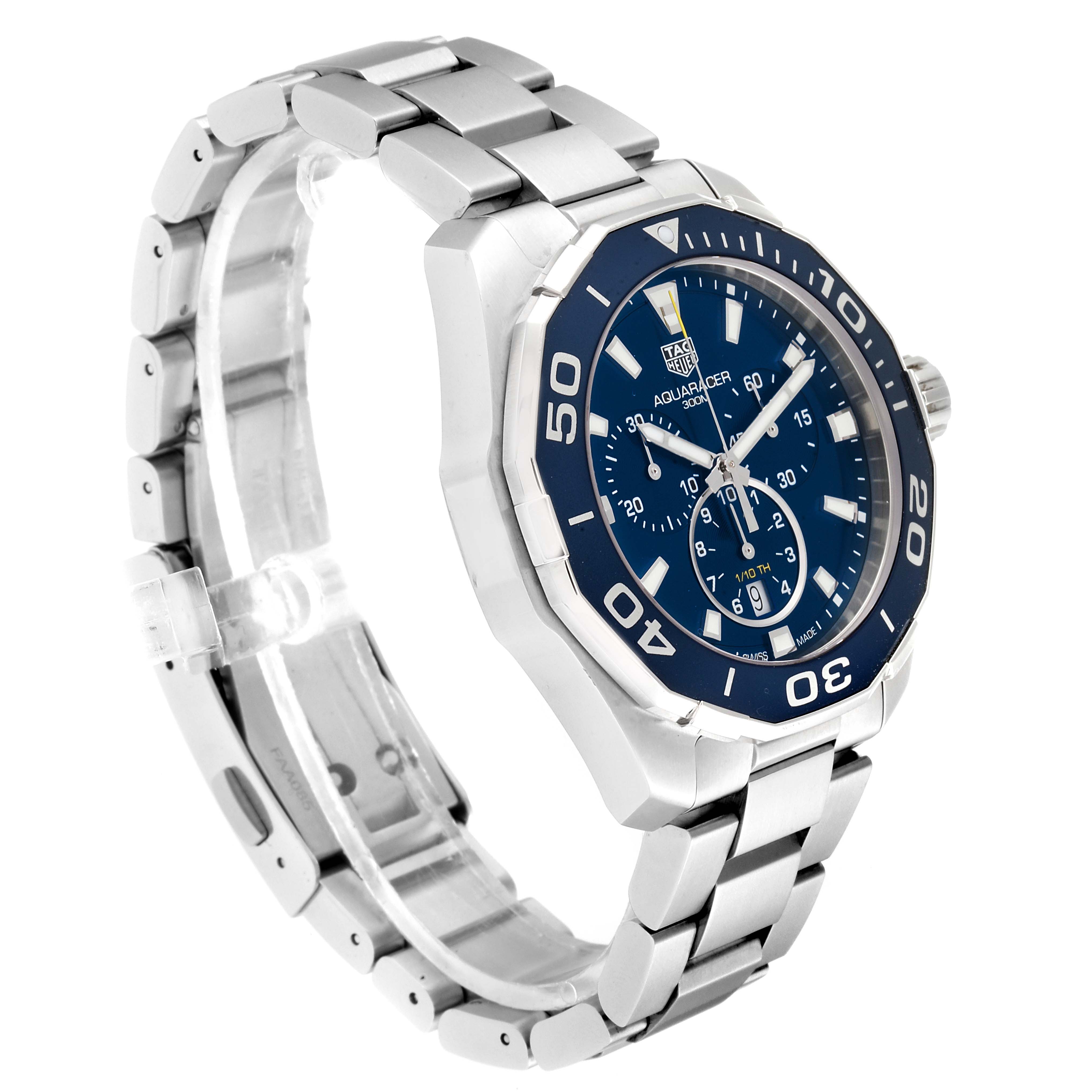 The image shows a side angle view of the Tag Heuer Aquaracer CAY111B.BA0927 Men's Stainless Steel Blue Dial CAY111B.BA0927 Men's Stainless Steel Blue Dial watch highlighting its bracelet, bezel, and face.