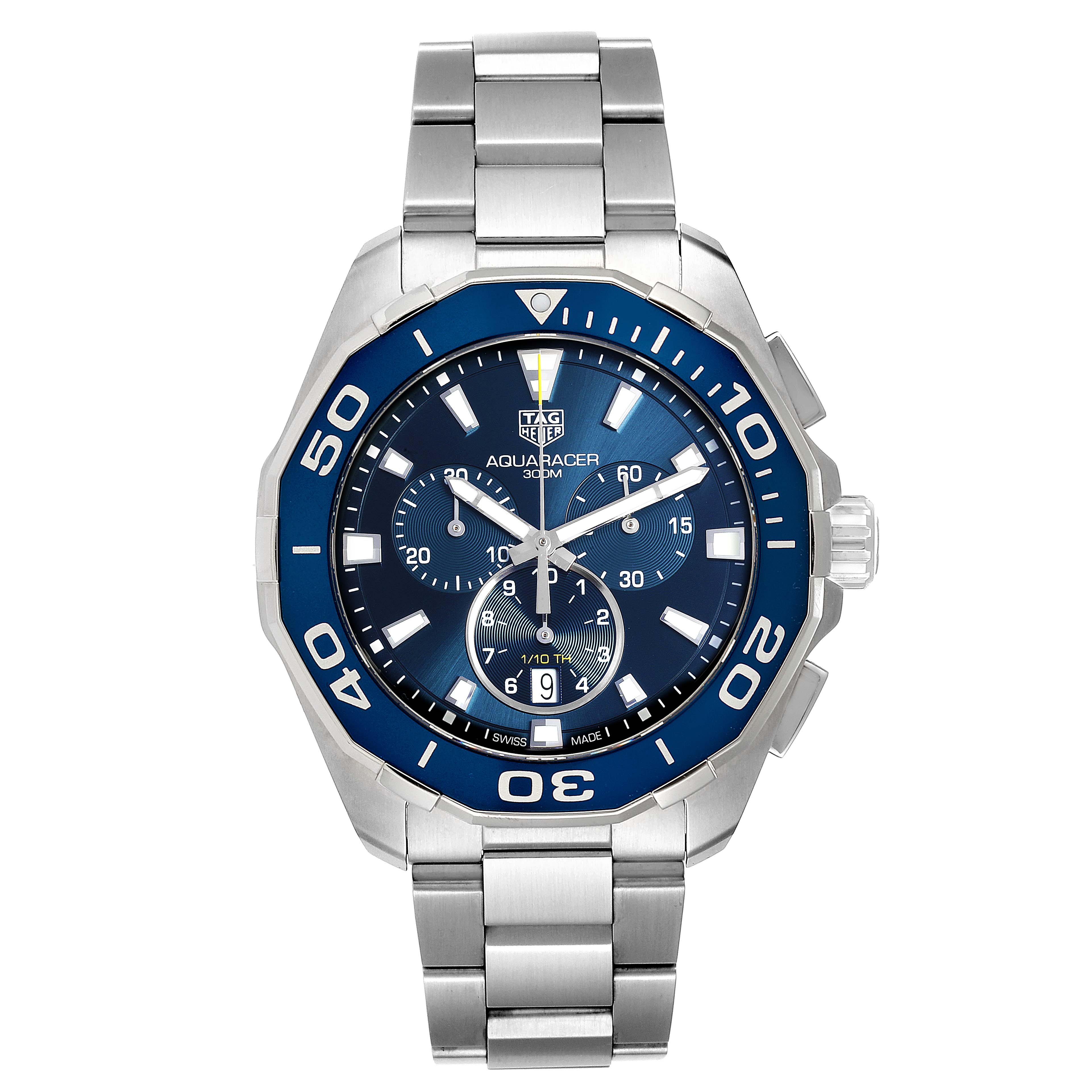 The image shows a frontal view of the Tag Heuer Aquaracer CAY111B.BA0927 Men's Stainless Steel Blue Dial CAY111B.BA0927 Men's Stainless Steel Blue Dial watch, showcasing its blue dial, bezel, and stainless steel bracelet.