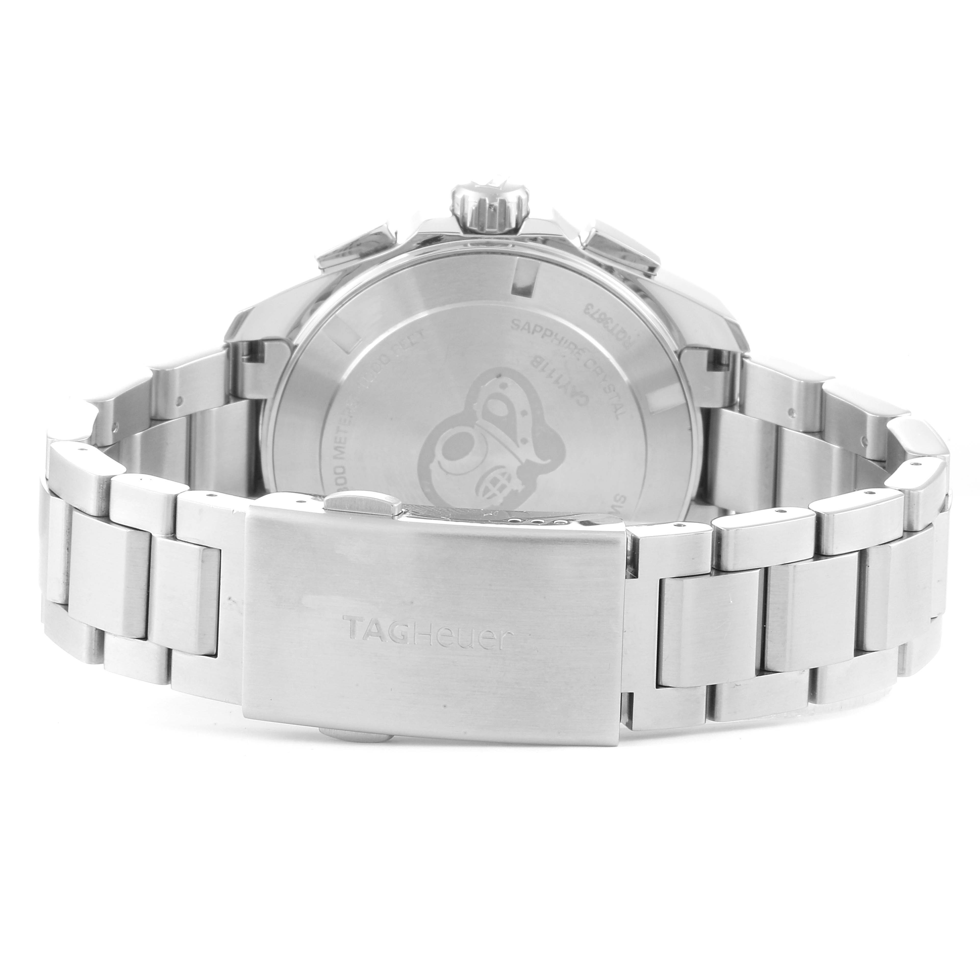 This image shows the back view of the Tag Heuer Aquaracer CAY111B.BA0927 Men's Stainless Steel Blue Dial CAY111B.BA0927 Men's Stainless Steel Blue Dial watch, highlighting its case back and metal bracelet with the clasp.