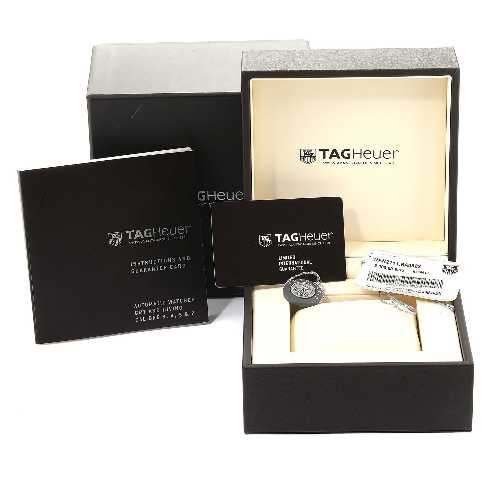 The image shows the packaging, manuals, and accessories for a Tag Heuer Aquaracer WAN2111.BA0822 Men's Stainless Steel Blue Dial WAN2111.BA0822 Men's Stainless Steel Blue Dial watch.