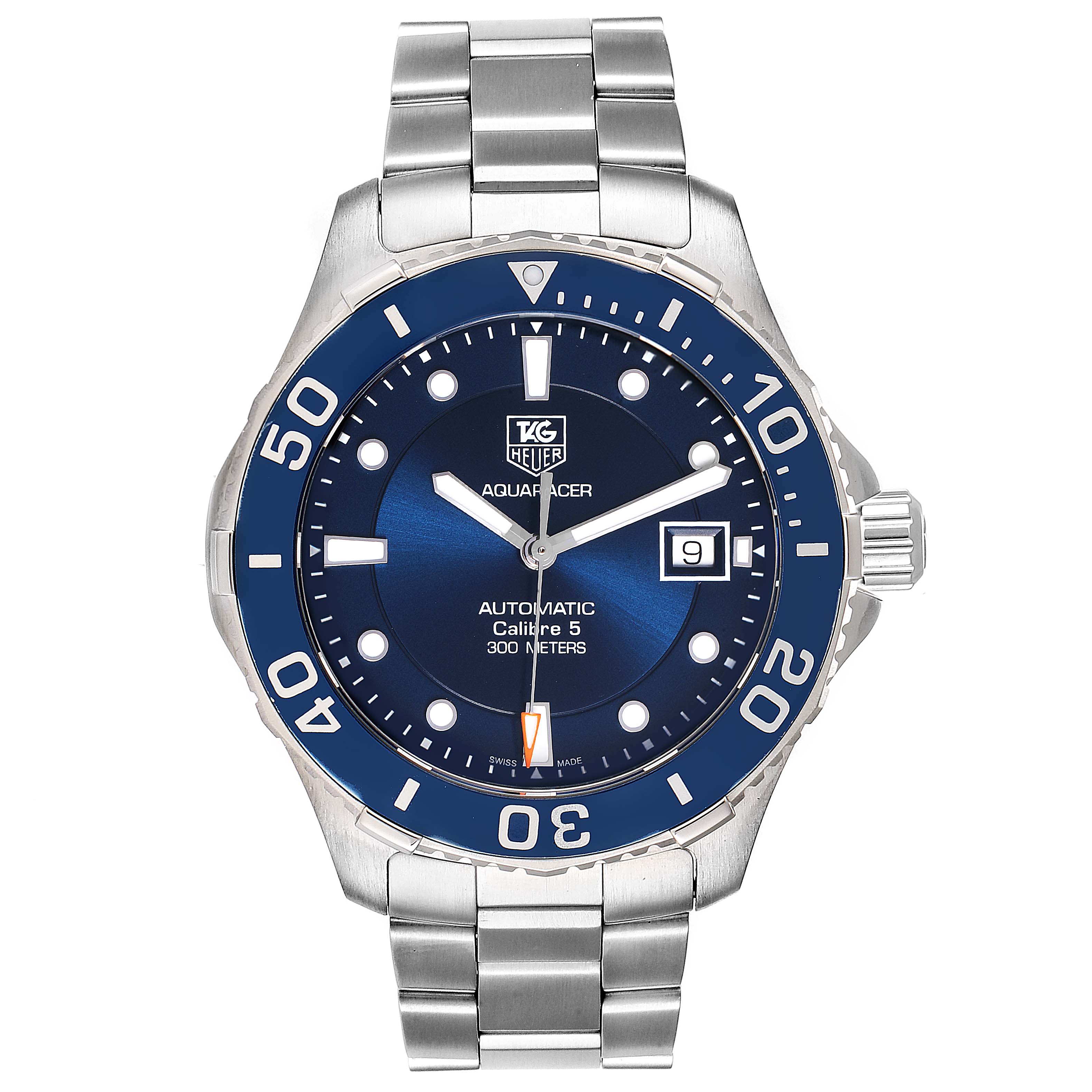 The image shows a front view of a Tag Heuer Aquaracer WAN2111.BA0822 Men's Stainless Steel Blue Dial WAN2111.BA0822 Men's Stainless Steel Blue Dial watch, featuring its face, bezel, and bracelet.