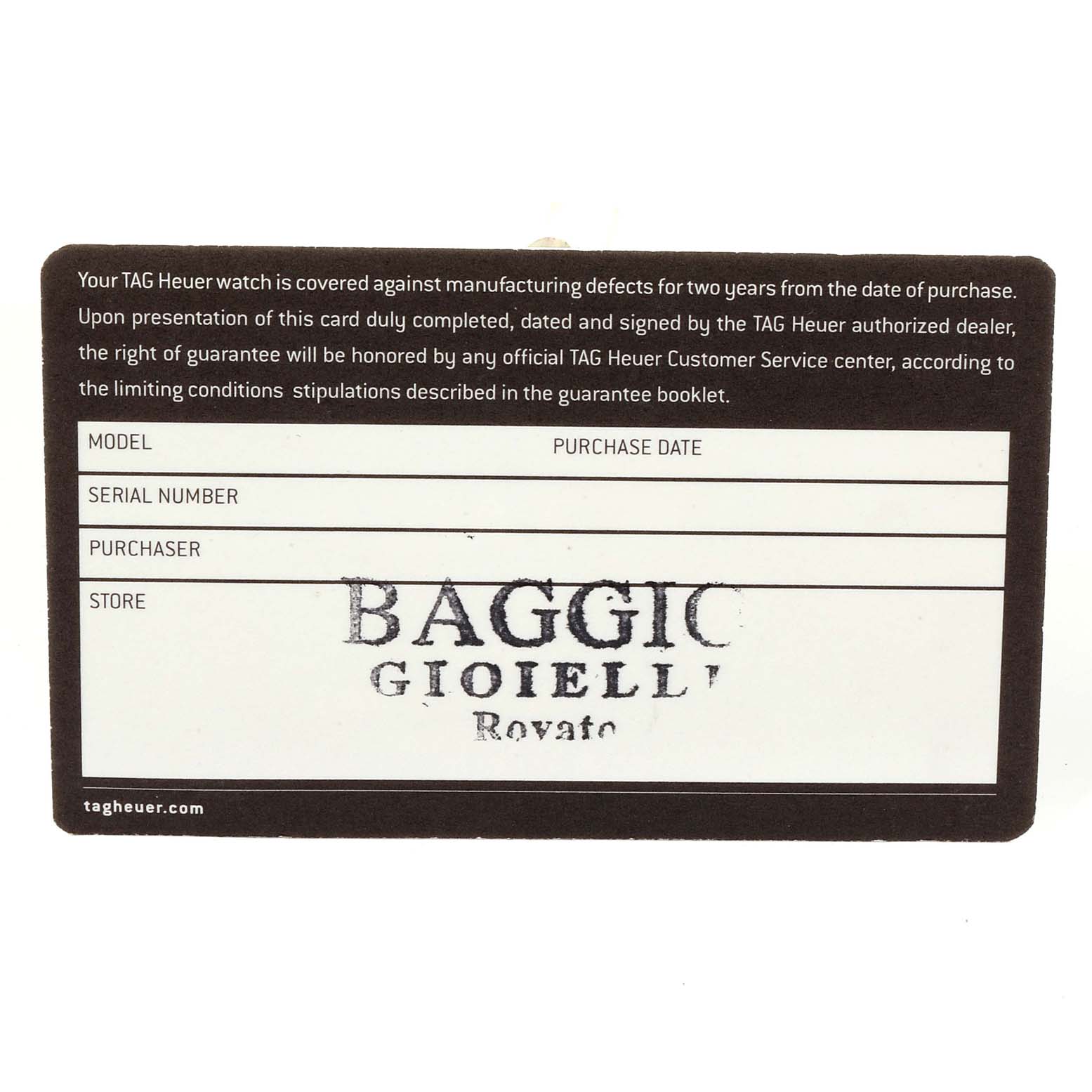 The image shows a warranty card for a Tag Heuer Aquaracer WAN2111.BA0822 Men's Stainless Steel Blue Dial WAN2111.BA0822 Men's Stainless Steel Blue Dial watch, featuring fields for the model, serial number, purchaser, store, and purchase date.