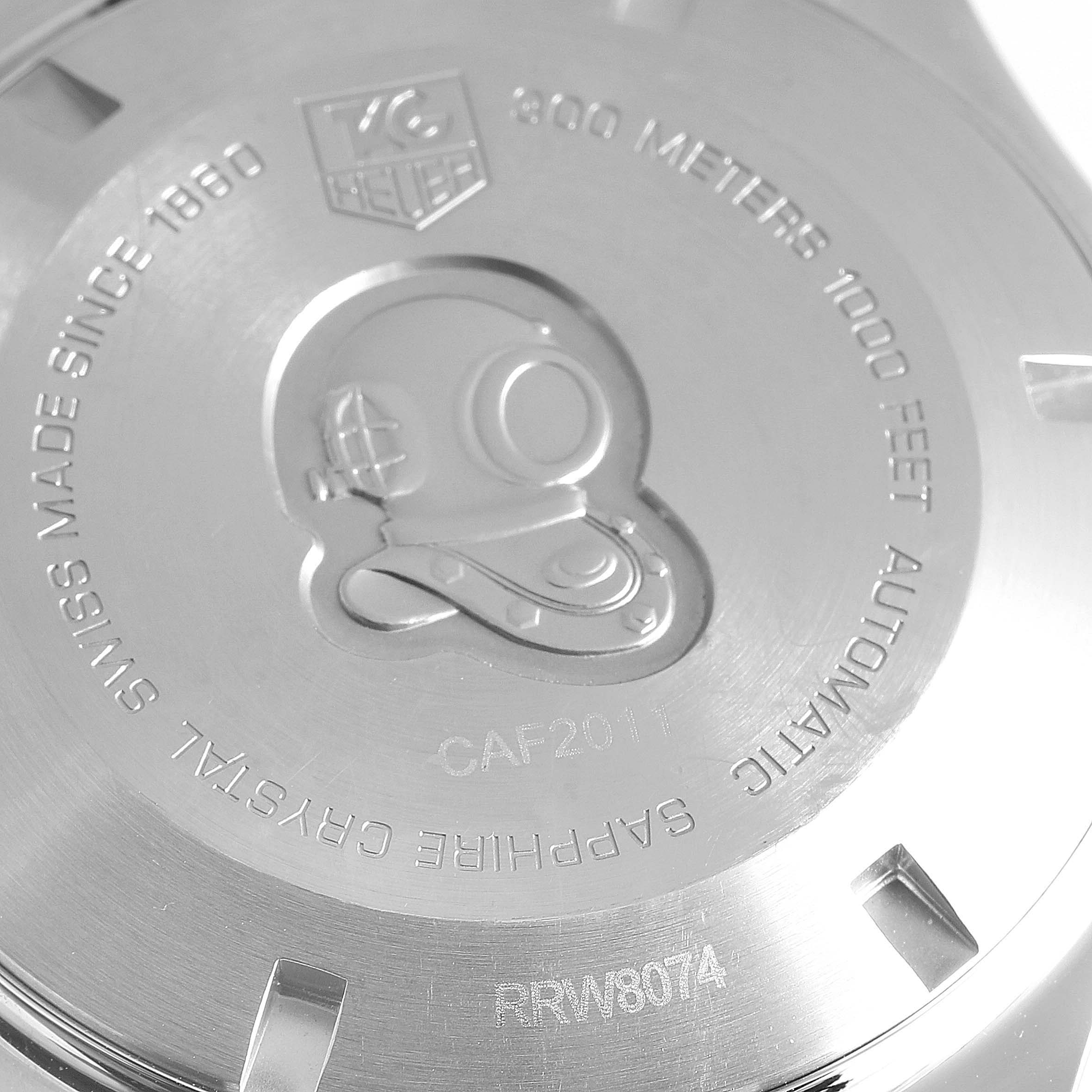 The image shows the back case of a Tag Heuer Aquaracer CAF2011.BA0815 Men's Stainless Steel Silver Dial CAF2011.BA0815 Men's Stainless Steel Silver Dial watch, detailing its model information and water resistance.