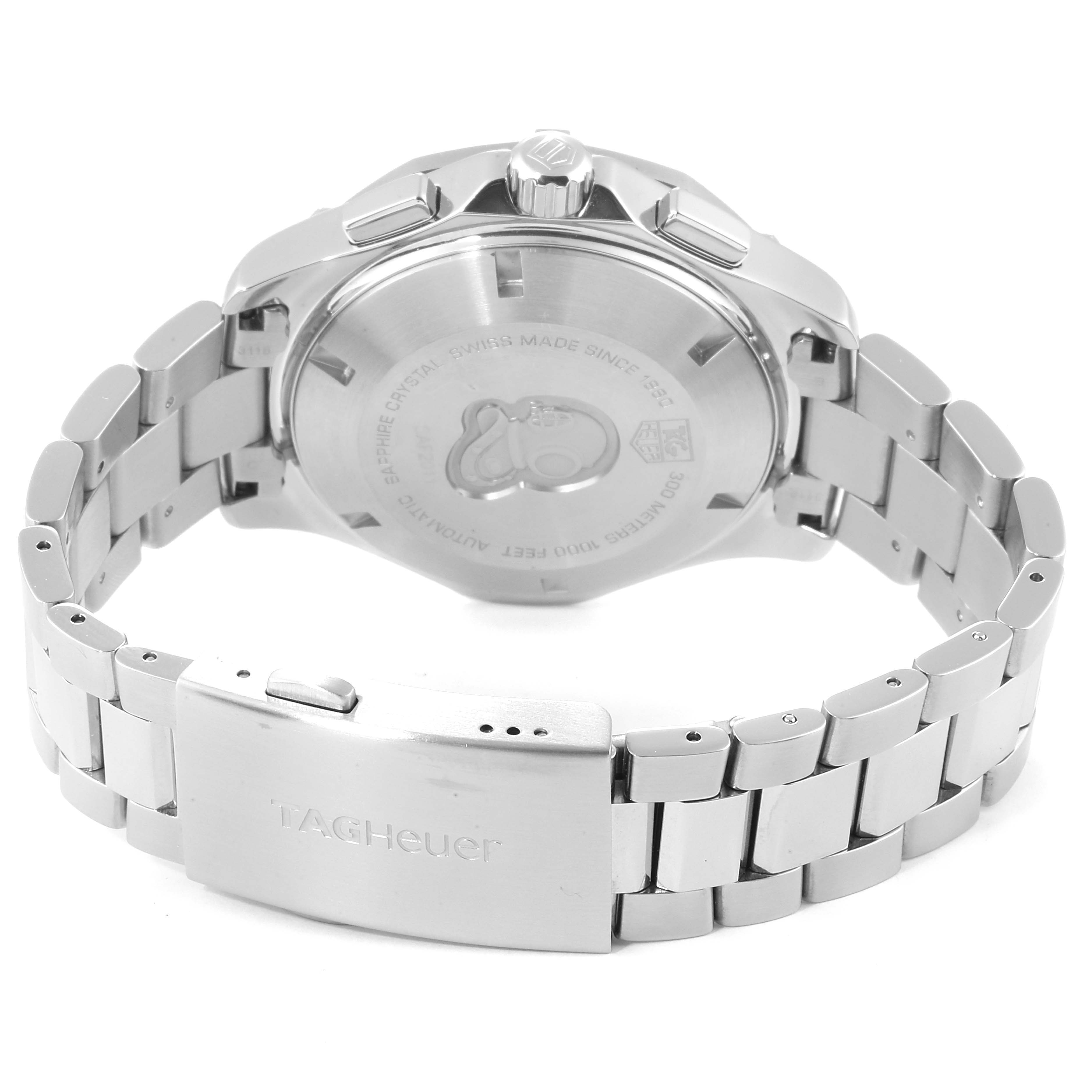 The image shows the back view of the Tag Heuer Aquaracer CAF2011.BA0815 Men's Stainless Steel Silver Dial CAF2011.BA0815 Men's Stainless Steel Silver Dial watch, highlighting the clasp and stainless steel bracelet.