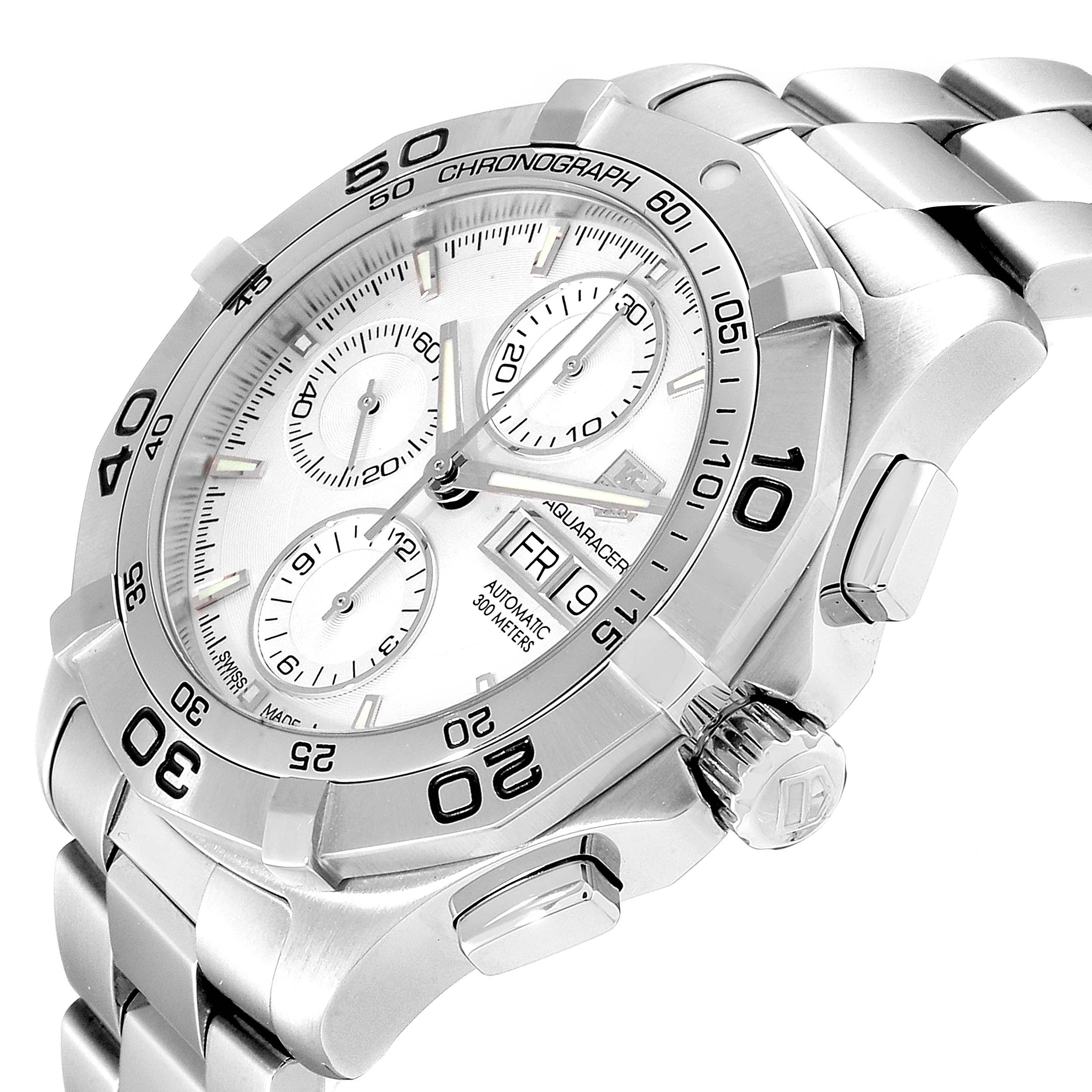 The image shows a close-up side angle of the Tag Heuer Aquaracer CAF2011.BA0815 Men's Stainless Steel Silver Dial CAF2011.BA0815 Men's Stainless Steel Silver Dial watch, highlighting its bezel, dial, buttons, and part of the bracelet.