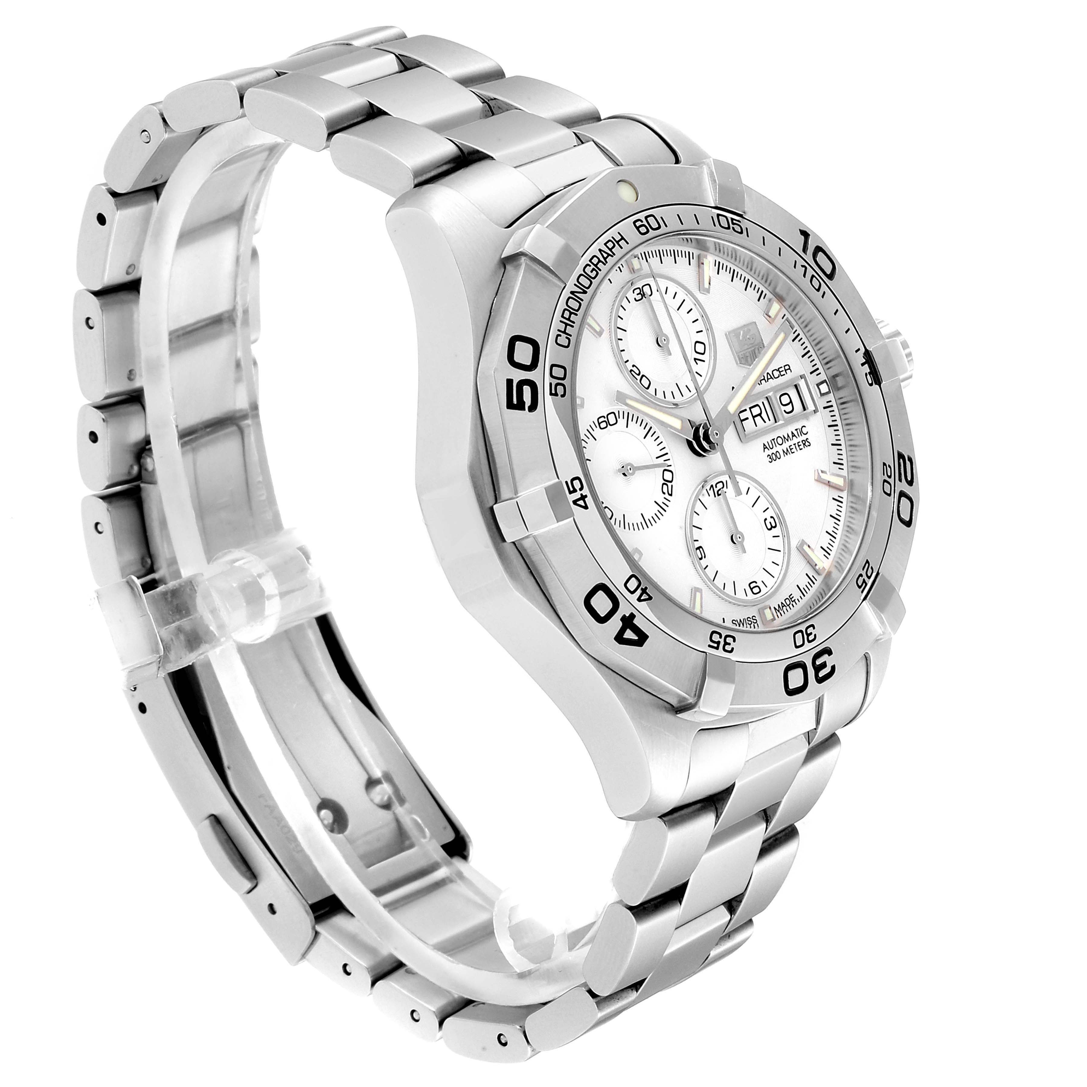 This image shows a side angle view of the Tag Heuer Aquaracer CAF2011.BA0815 Men's Stainless Steel Silver Dial CAF2011.BA0815 Men's Stainless Steel Silver Dial watch, highlighting its face, bezel, and stainless steel bracelet.