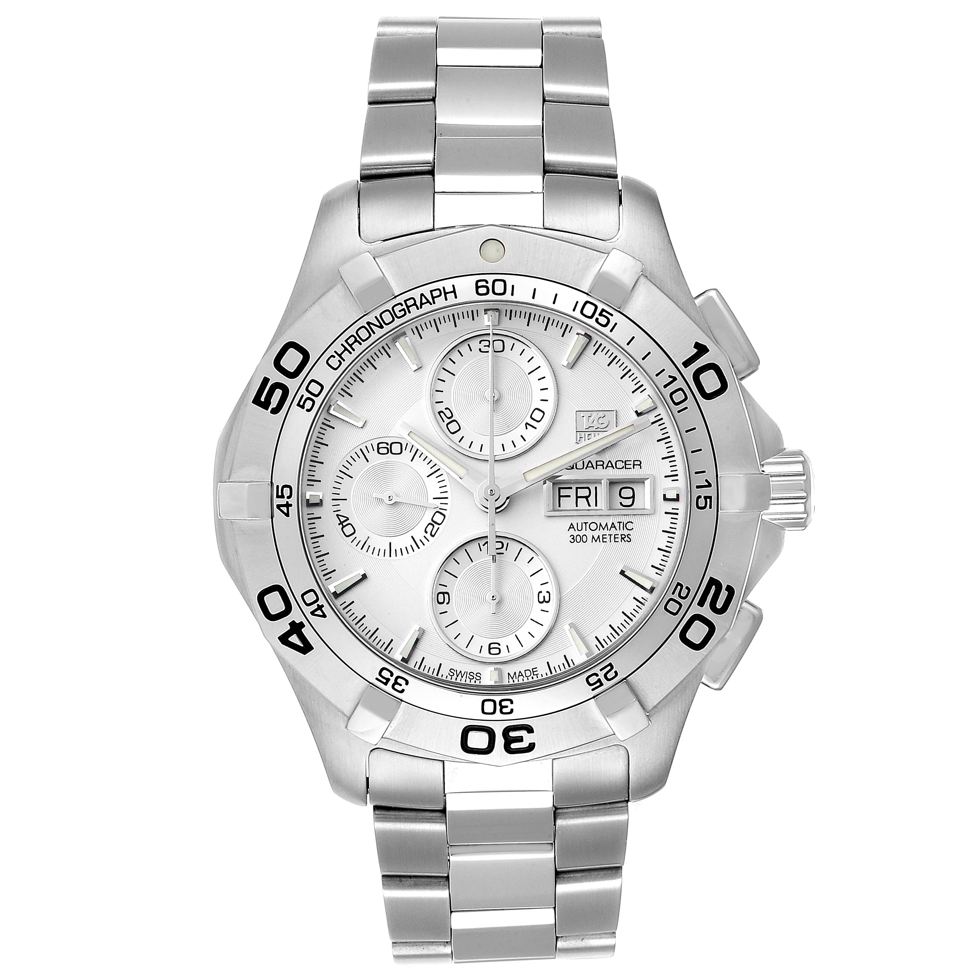 The image shows a front view of a Tag Heuer Aquaracer CAF2011.BA0815 Men's Stainless Steel Silver Dial CAF2011.BA0815 Men's Stainless Steel Silver Dial watch, displaying its dial, chronograph subdials, and metal bracelet.