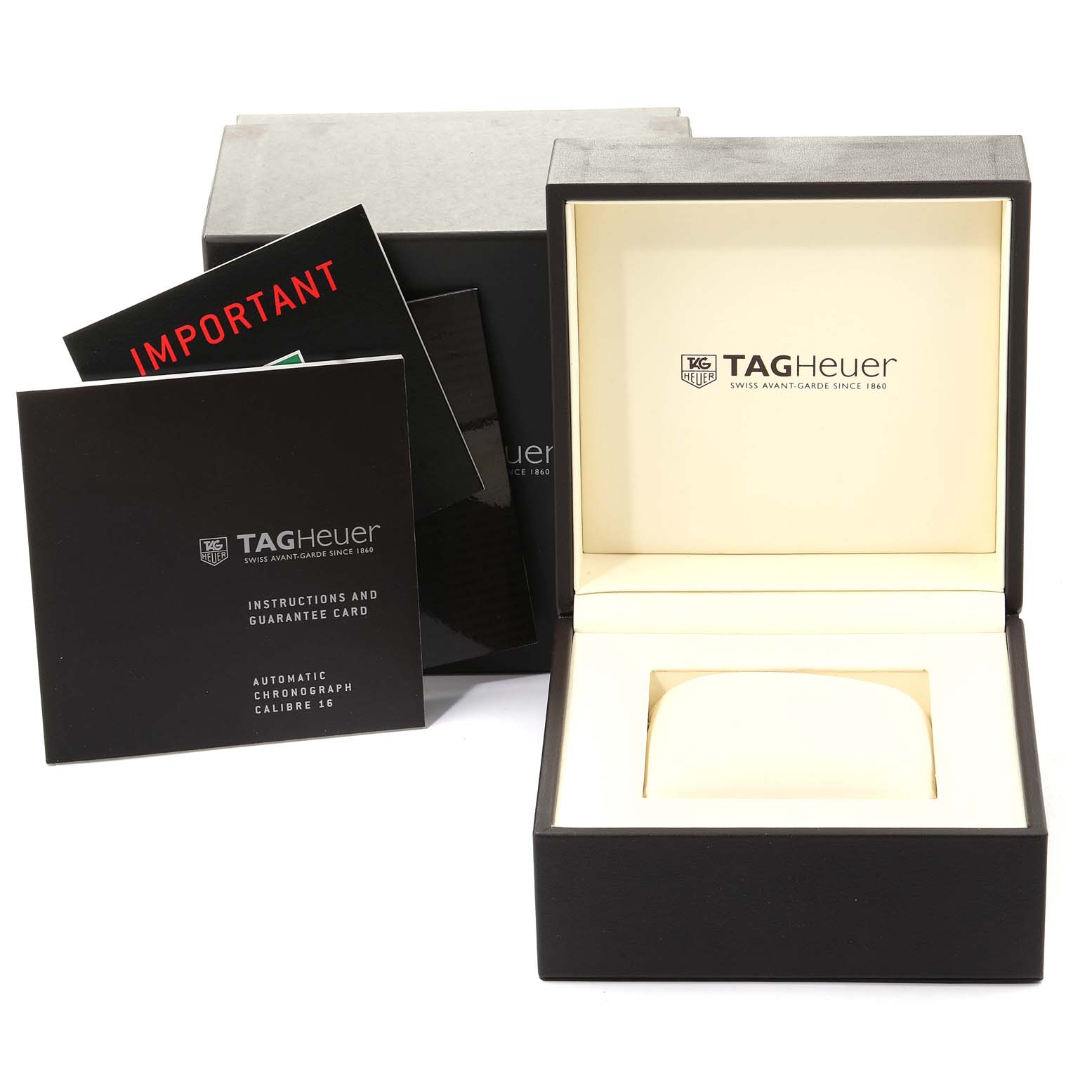 The image shows the box and instruction manuals for a Tag Heuer Aquaracer CAF2011.BA0815 Men's Stainless Steel Silver Dial CAF2011.BA0815 Men's Stainless Steel Silver Dial watch.