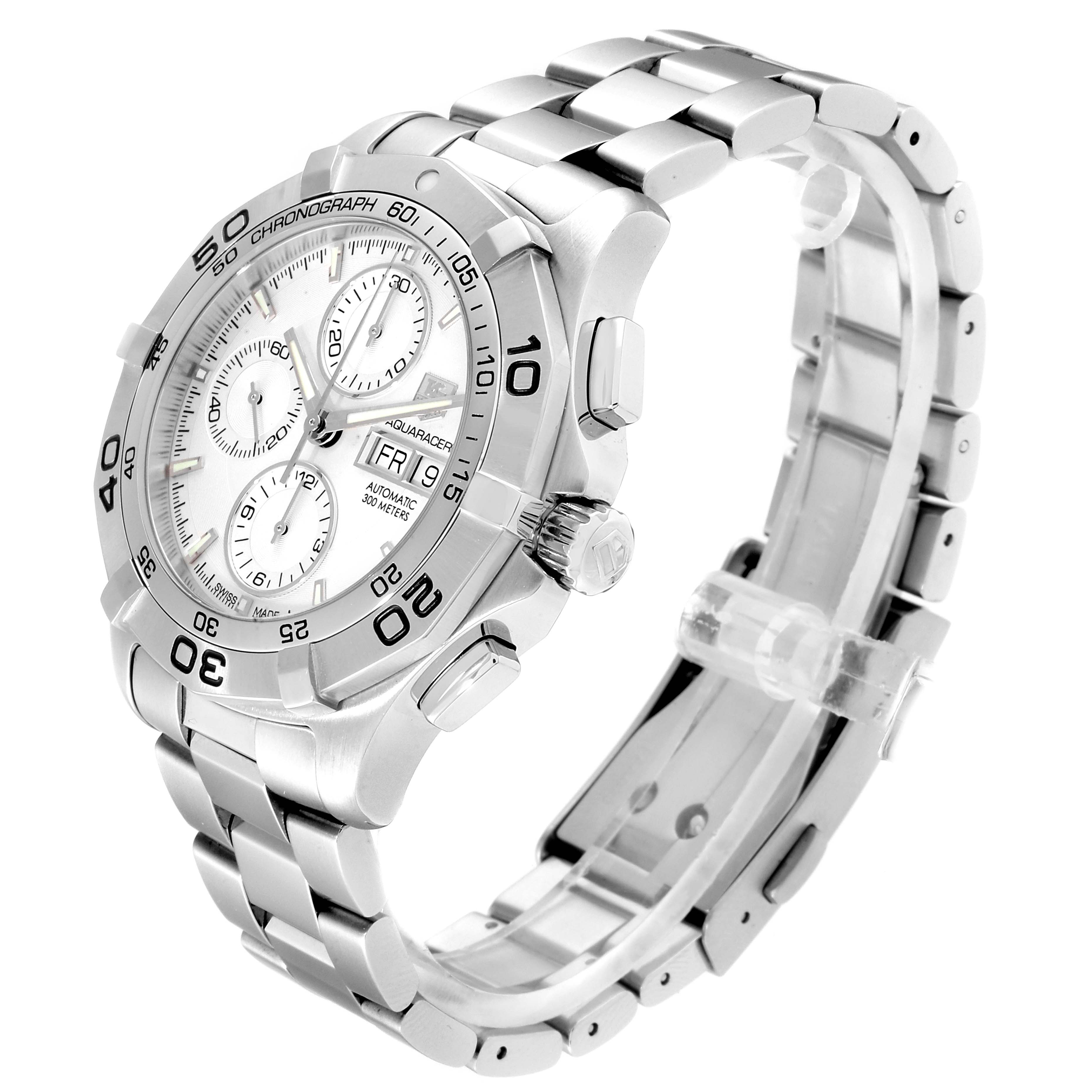 This image shows a side and top view angle of a Tag Heuer Aquaracer CAF2011.BA0815 Men's Stainless Steel Silver Dial CAF2011.BA0815 Men's Stainless Steel Silver Dial watch, highlighting the face, bezel, and stainless steel bracelet.